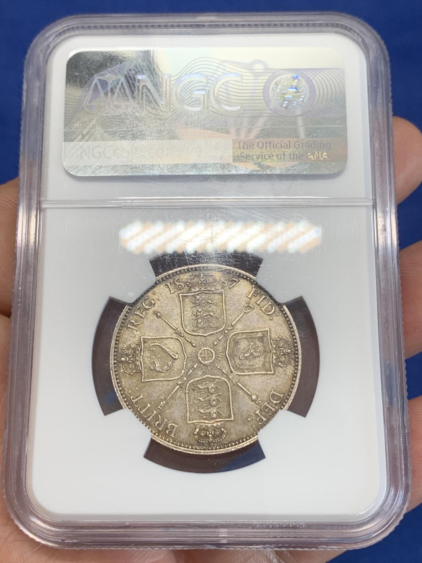 《竞宝斋》第272场- 周日，周一，周二  3场连拍 （全场包邮） NGC AU58 英国1887年维多利亚2先令银币 1弗洛林 原味老包浆