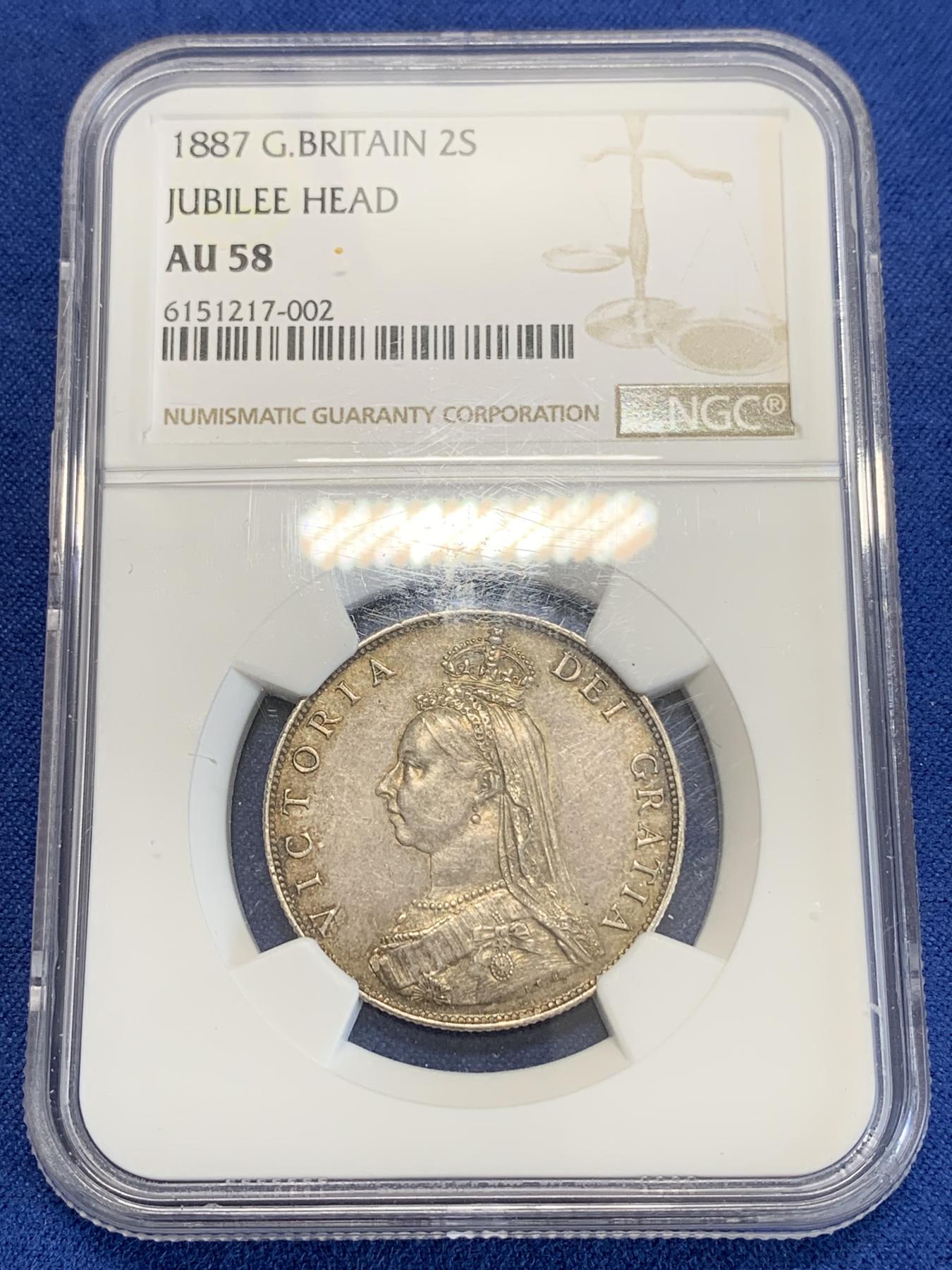 《竞宝斋》第272场- 周日，周一，周二  3场连拍 （全场包邮） NGC AU58 英国1887年维多利亚2先令银币 1弗洛林 原味老包浆