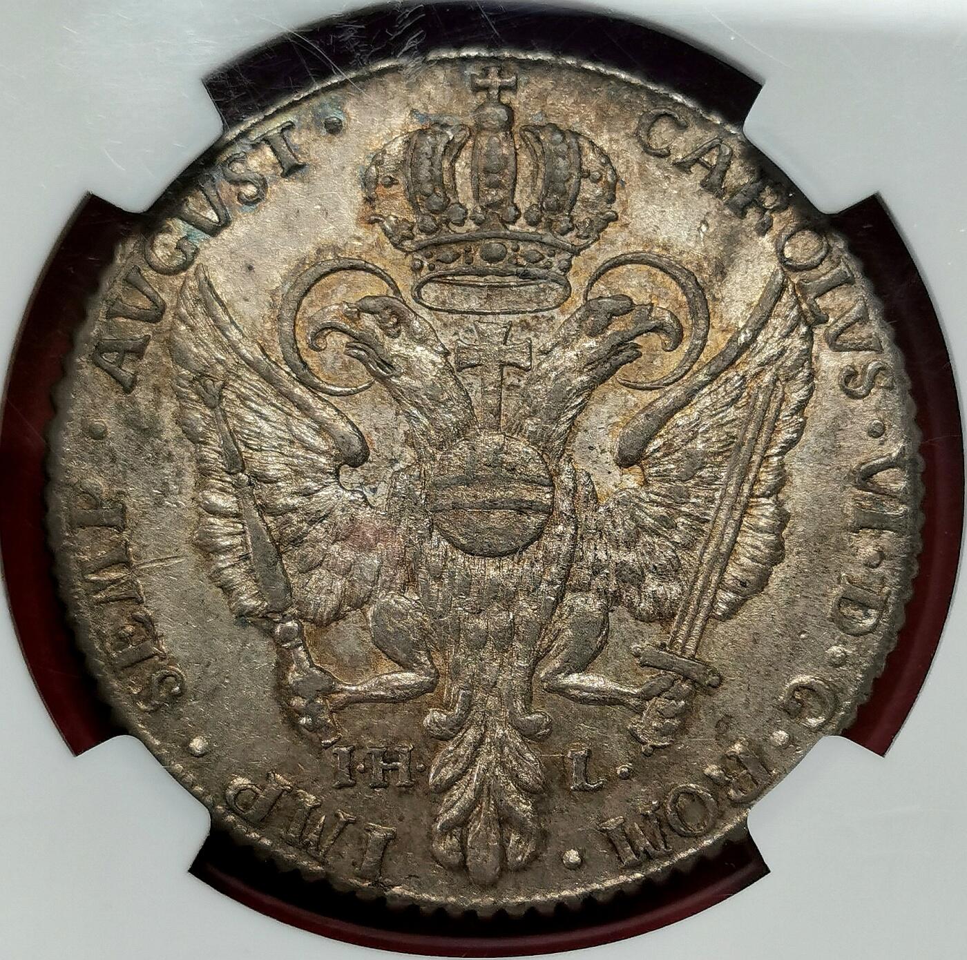 凡希社世界钱币微拍第二百七十期 1731IHL帝国自由市汉堡城徽与双头鹰32S大银NGC-MS61，暗金彩，略低评了！