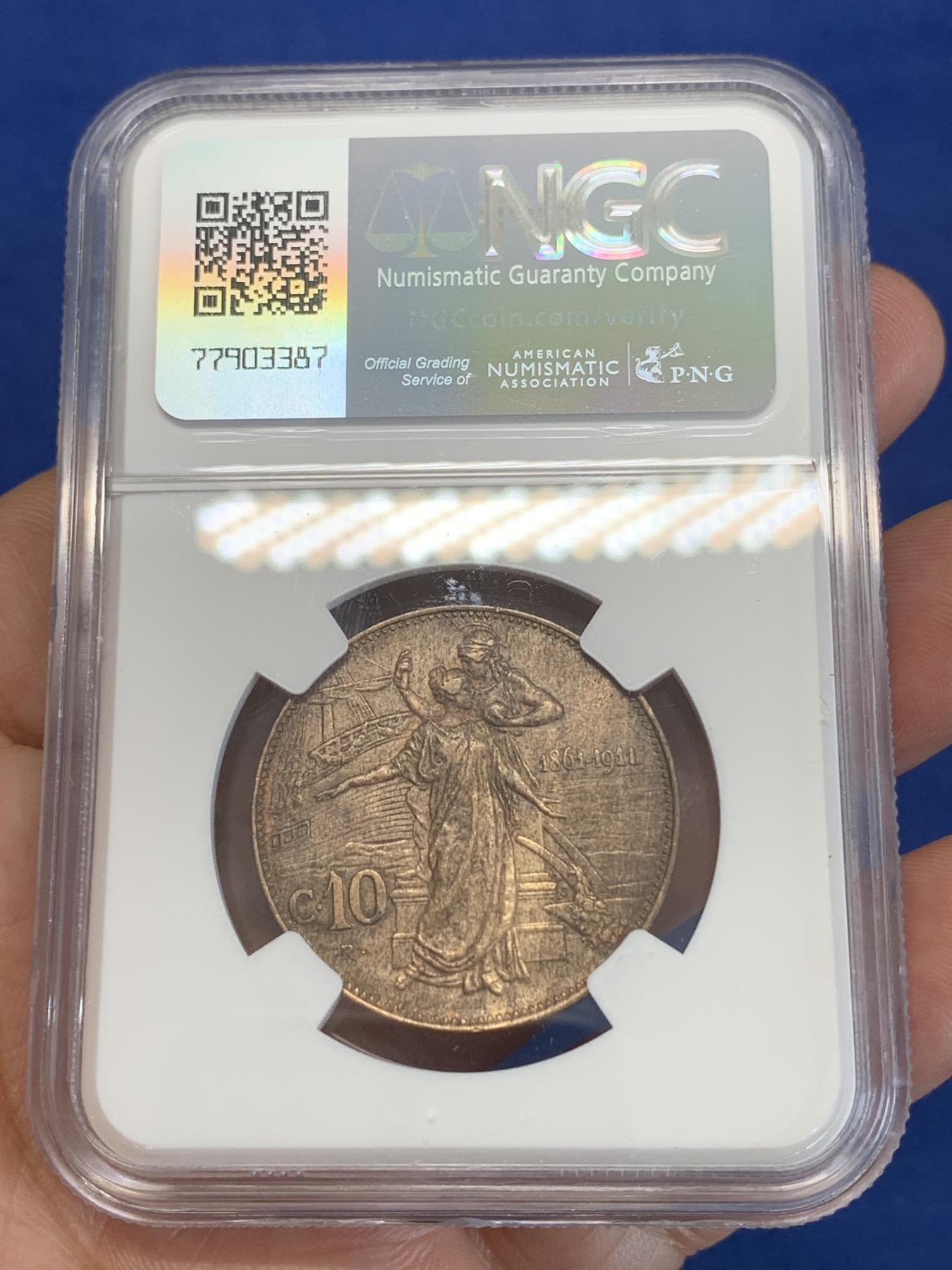 《竞宝斋》第272场- 周日，周一，周二  3场连拍 （全场包邮） NGC AUD 意大利1911年建国150周年10分铜币 俗称“托奶”铜币