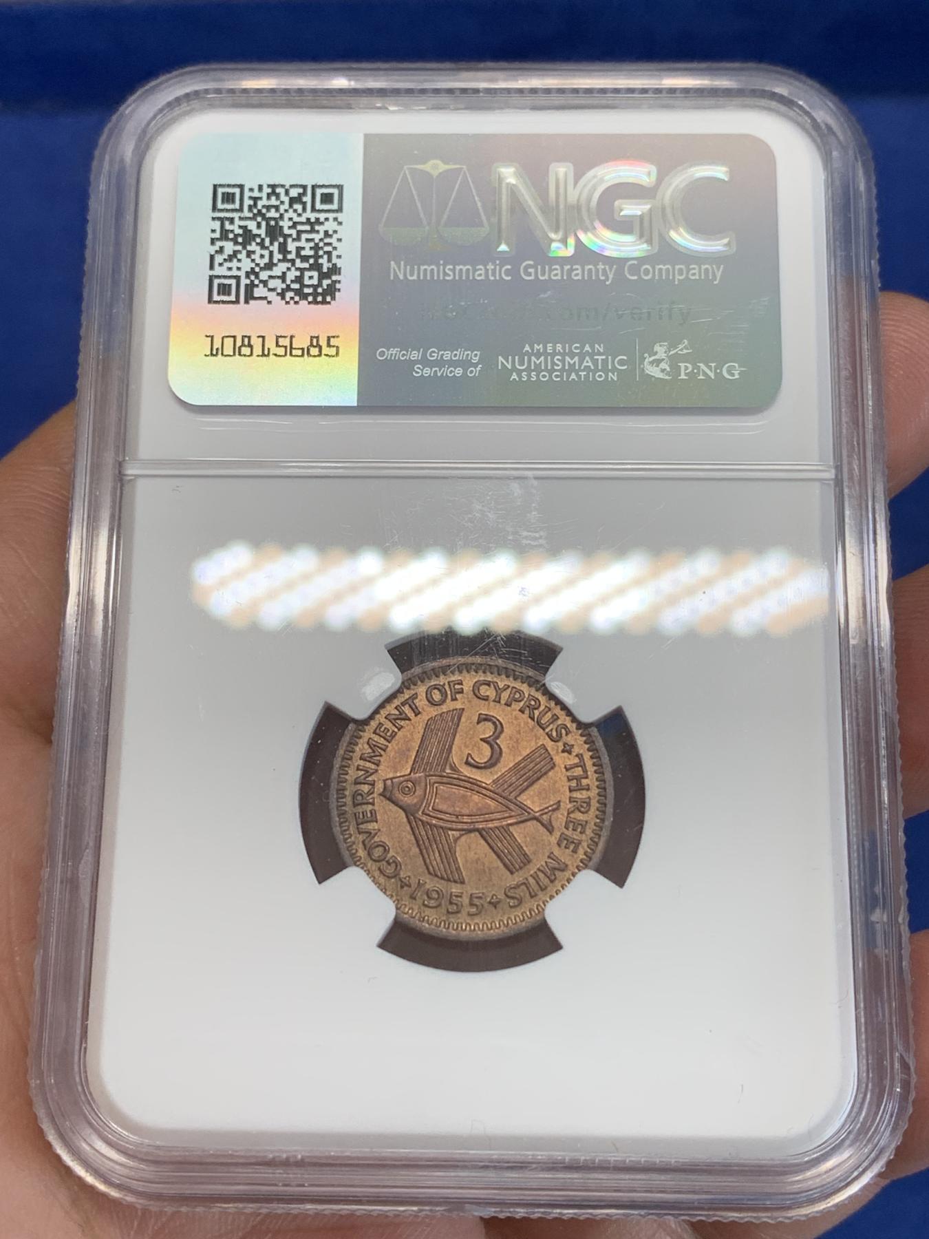 《竞宝斋》第272场- 周日，周一，周二  3场连拍 （全场包邮） NGC MS63RB 塞浦路斯1955年3米尔铜币