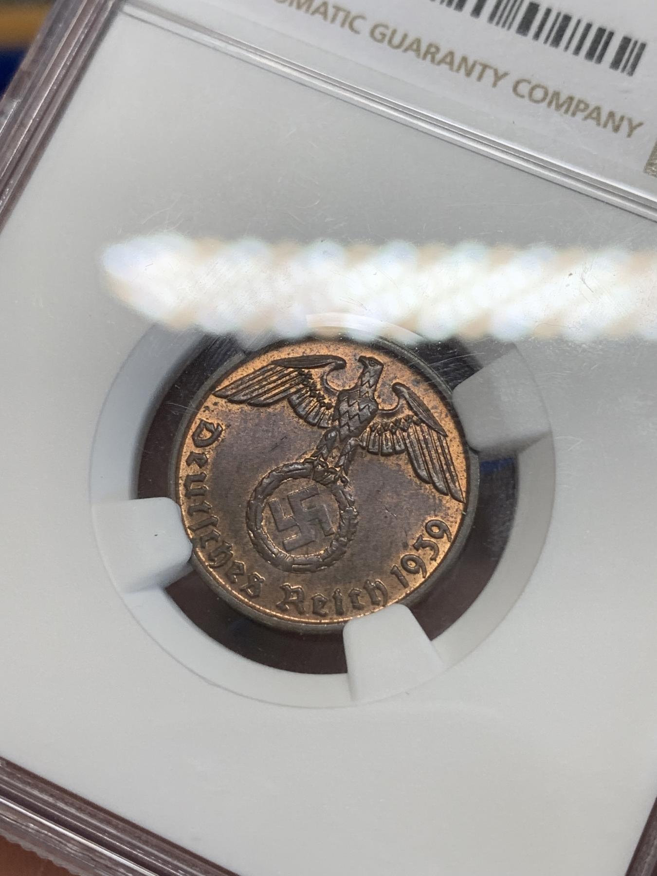 《竞宝斋》第272场- 周日，周一，周二  3场连拍 （全场包邮） NGC MS63RB 1939B德意志第三帝国2芬尼铜币