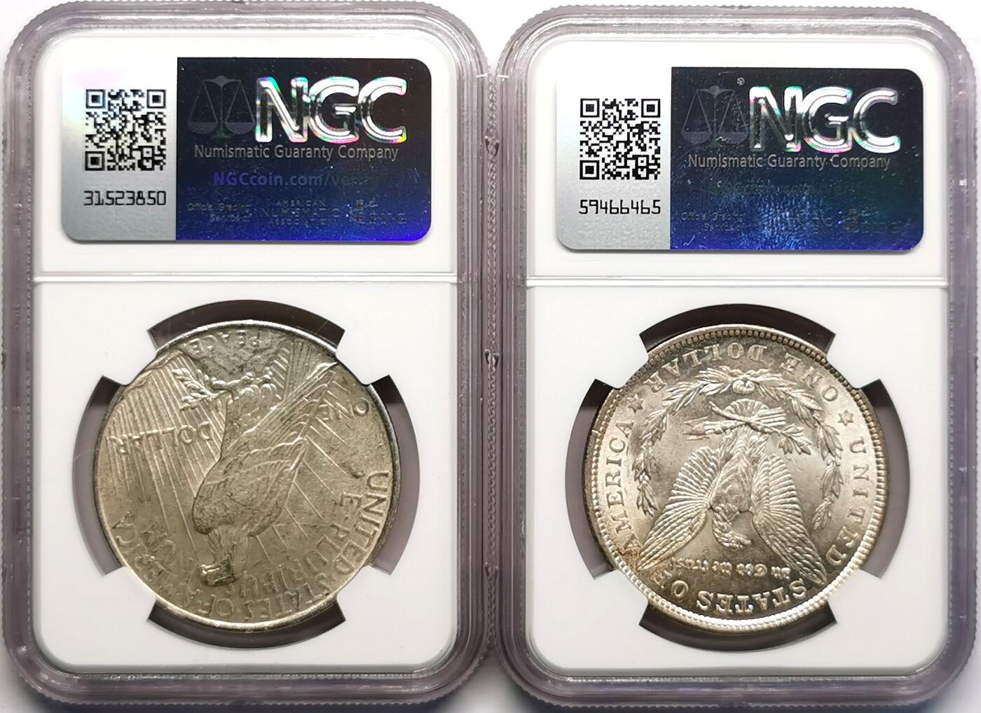 凡希社世界钱币微拍第二百七十期 美国摩根和平壹元一对NGC