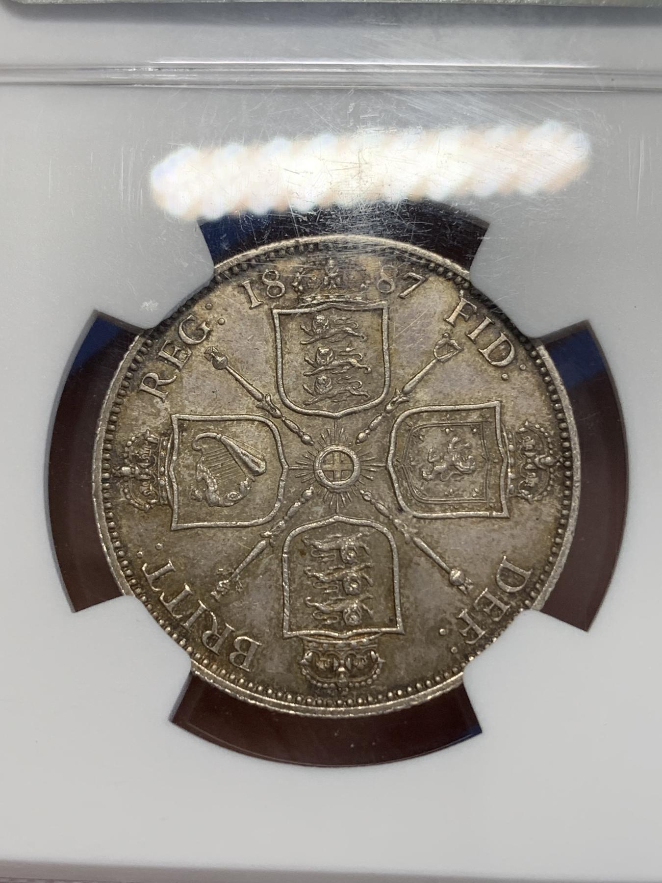 《竞宝斋》第272场- 周日，周一，周二  3场连拍 （全场包邮） NGC AU58 英国1887年维多利亚2先令银币 1弗洛林 原味老包浆