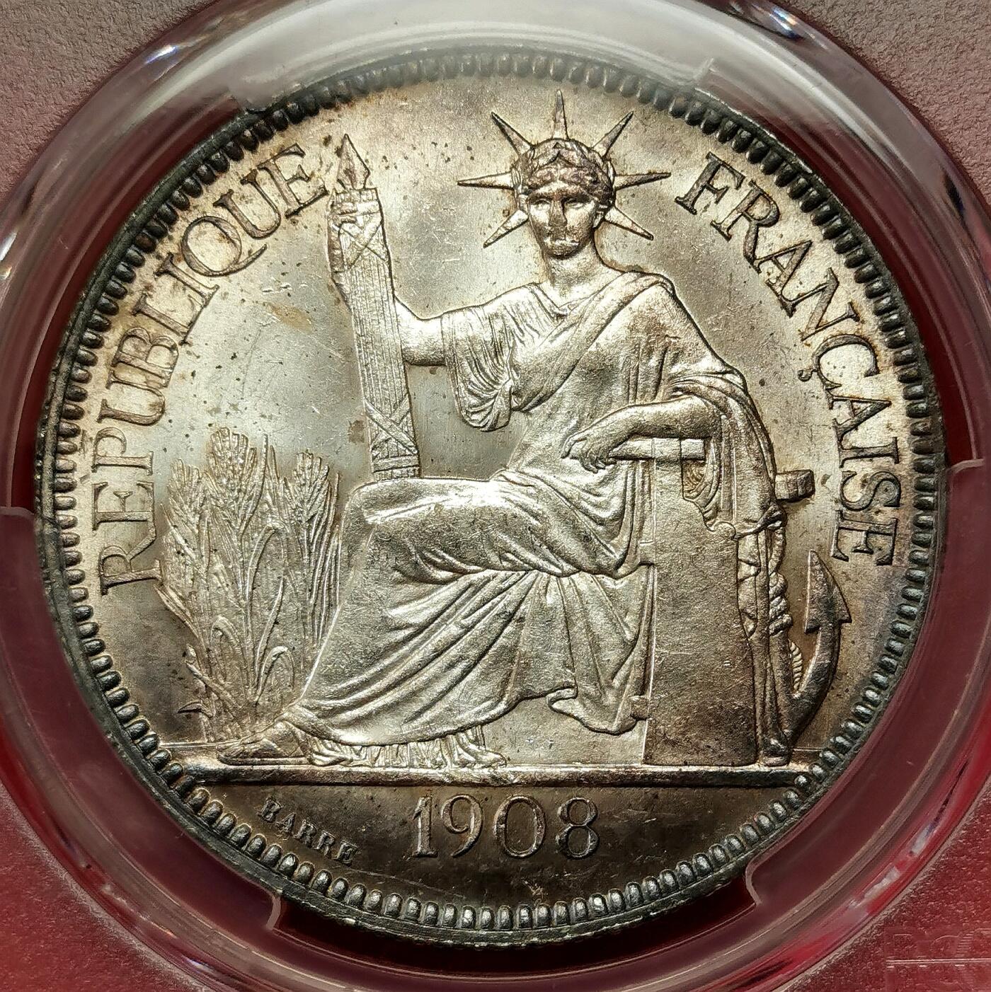 凡希社世界钱币微拍第二百七十期 荐！1908A法属印度支那皮亚斯特大银PCGS-MS63，霜面银光，环装紫金淡彩，底板状态尤其出色，以一当百的收藏级精品！