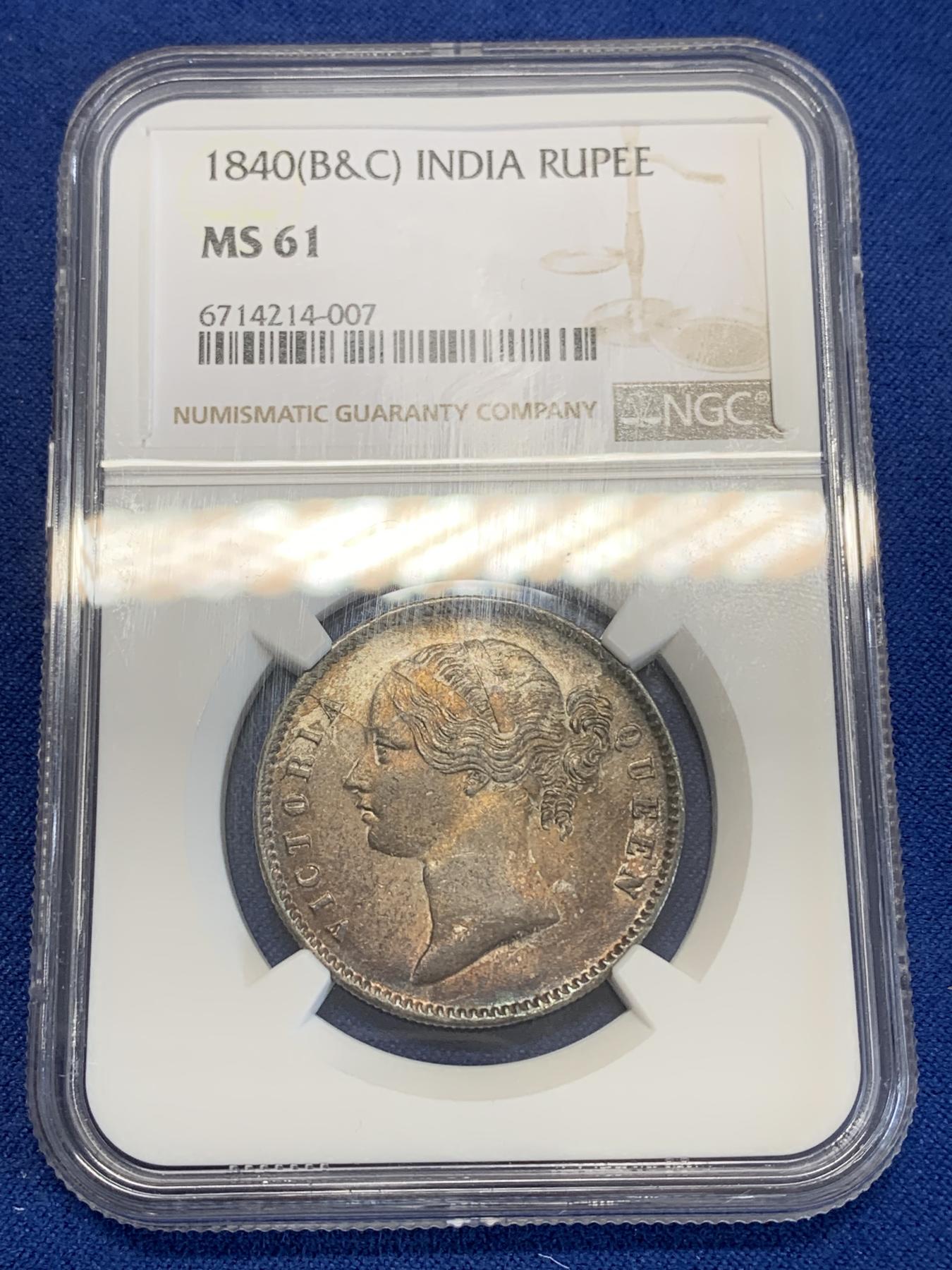 《竞宝斋》第272场- 周日，周一，周二  3场连拍 （全场包邮） NGC MS61 印度1840小维卢比 深彩包浆 实物瞩目