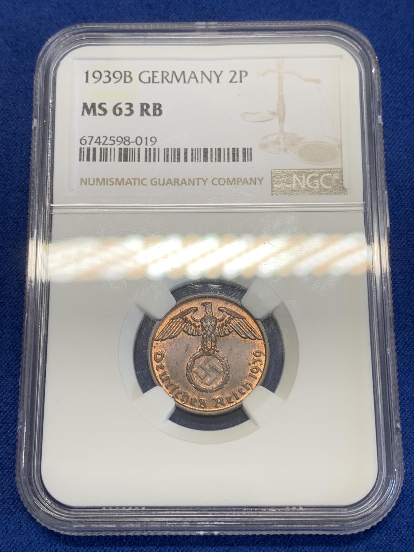 《竞宝斋》第272场- 周日，周一，周二  3场连拍 （全场包邮） NGC MS63RB 1939B德意志第三帝国2芬尼铜币
