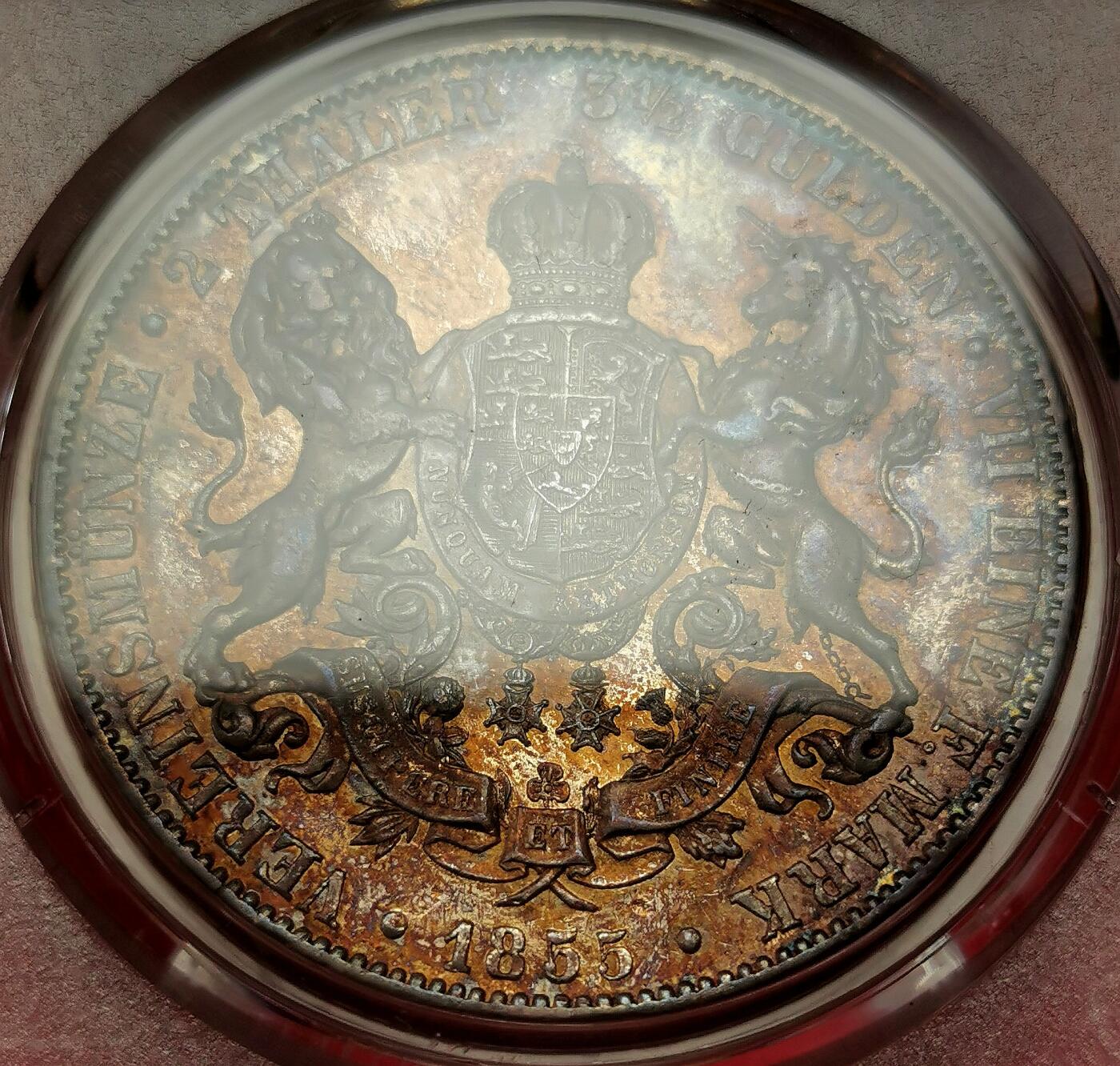 凡希社世界钱币微拍第二百七十期 荐！1855B德国汉诺威狮马2泰勒大银PCGS-MS61，金色环彩，包浆美不胜收！