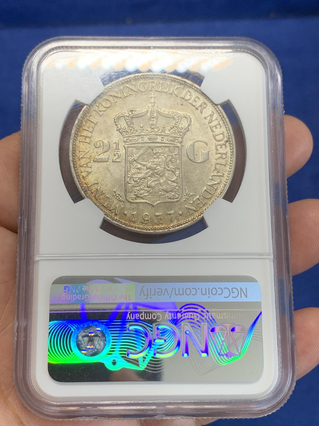 《竞宝斋》第272场- 周日，周一，周二  3场连拍 （全场包邮） NGC MS62 荷兰1937年女王威廉明娜2.5盾银币