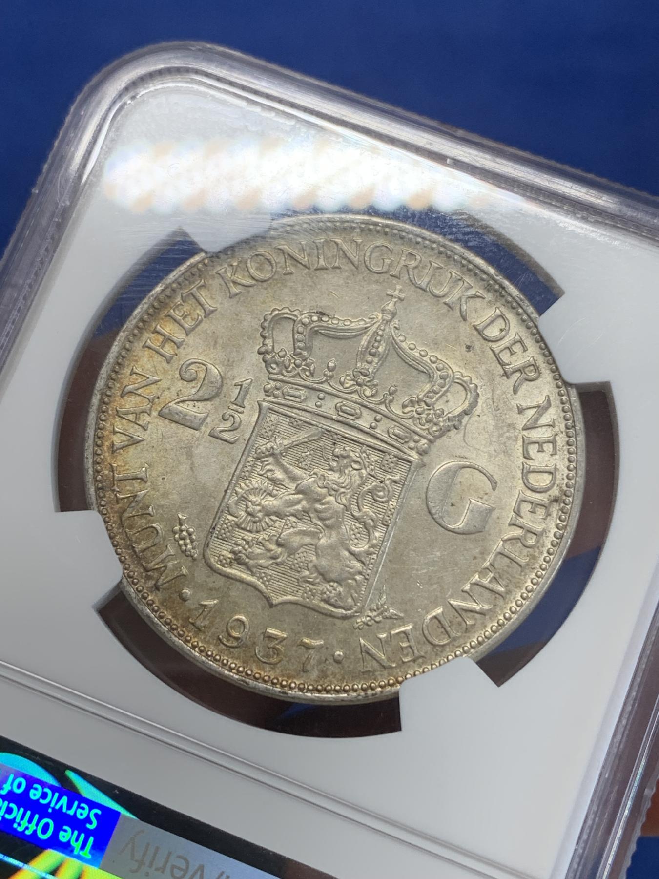 《竞宝斋》第272场- 周日，周一，周二  3场连拍 （全场包邮） NGC MS62 荷兰1937年女王威廉明娜2.5盾银币