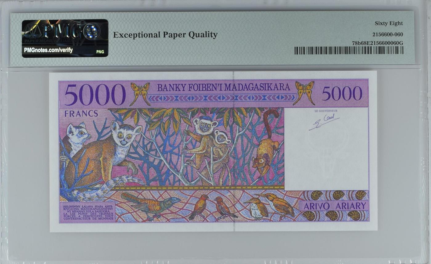 收藏联盟Quantum Auction 第349期拍卖  马达加斯加1995年5000 Francs = 1000 Ariary首发A冠 PMG68 号码无4