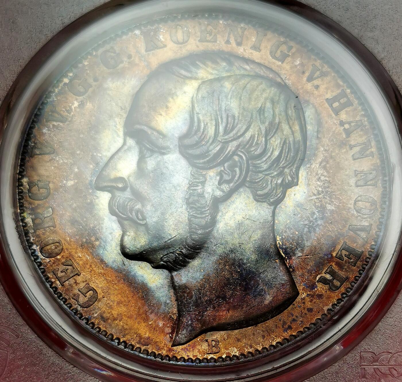 凡希社世界钱币微拍第二百七十期 荐！1855B德国汉诺威狮马2泰勒大银PCGS-MS61，金色环彩，包浆美不胜收！