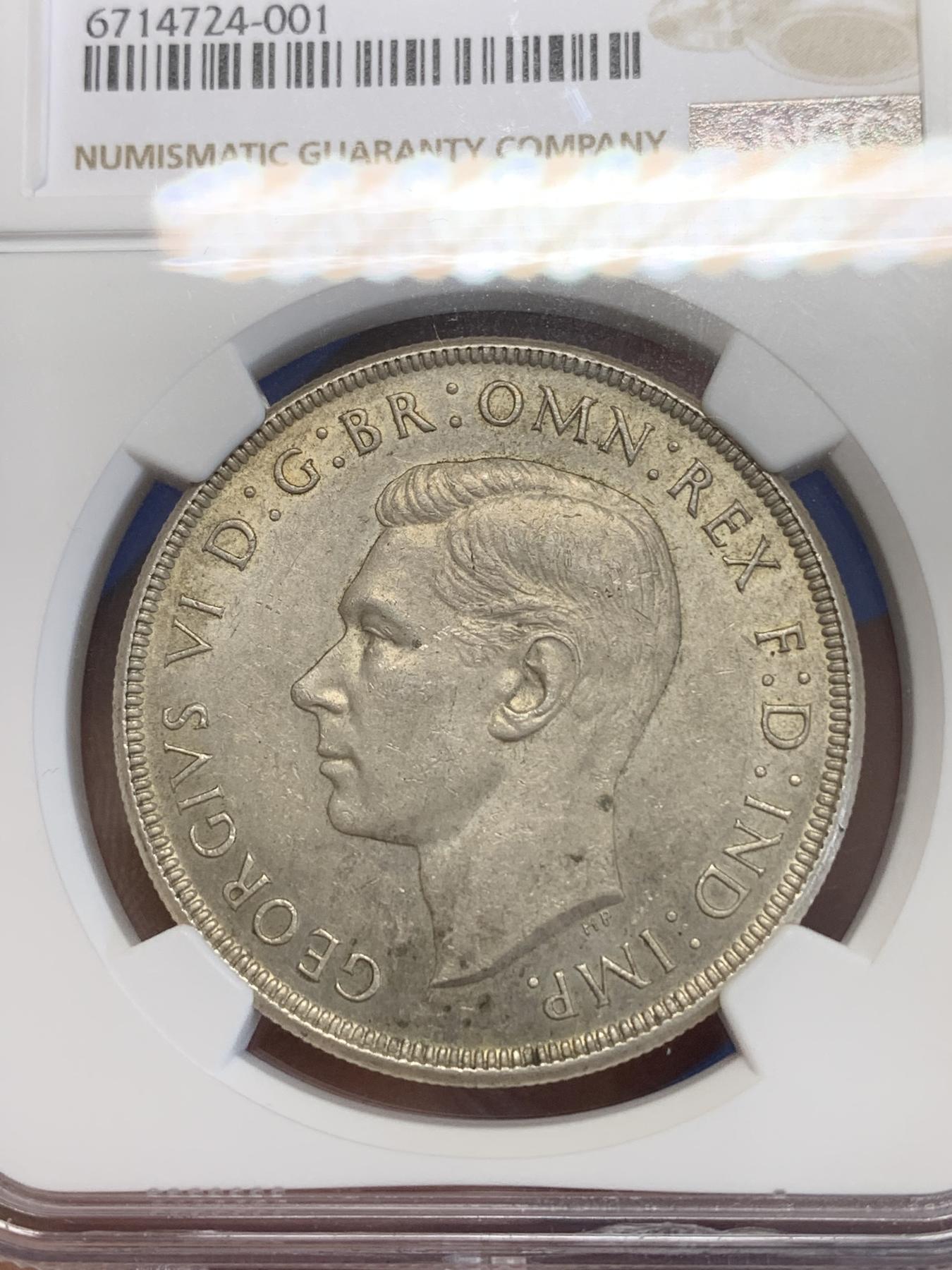 《竞宝斋》第272场- 周日，周一，周二  3场连拍 （全场包邮） NGC AU58 澳大利亚1937年乔治六世大皇冠1克朗银币 925银 原味包浆