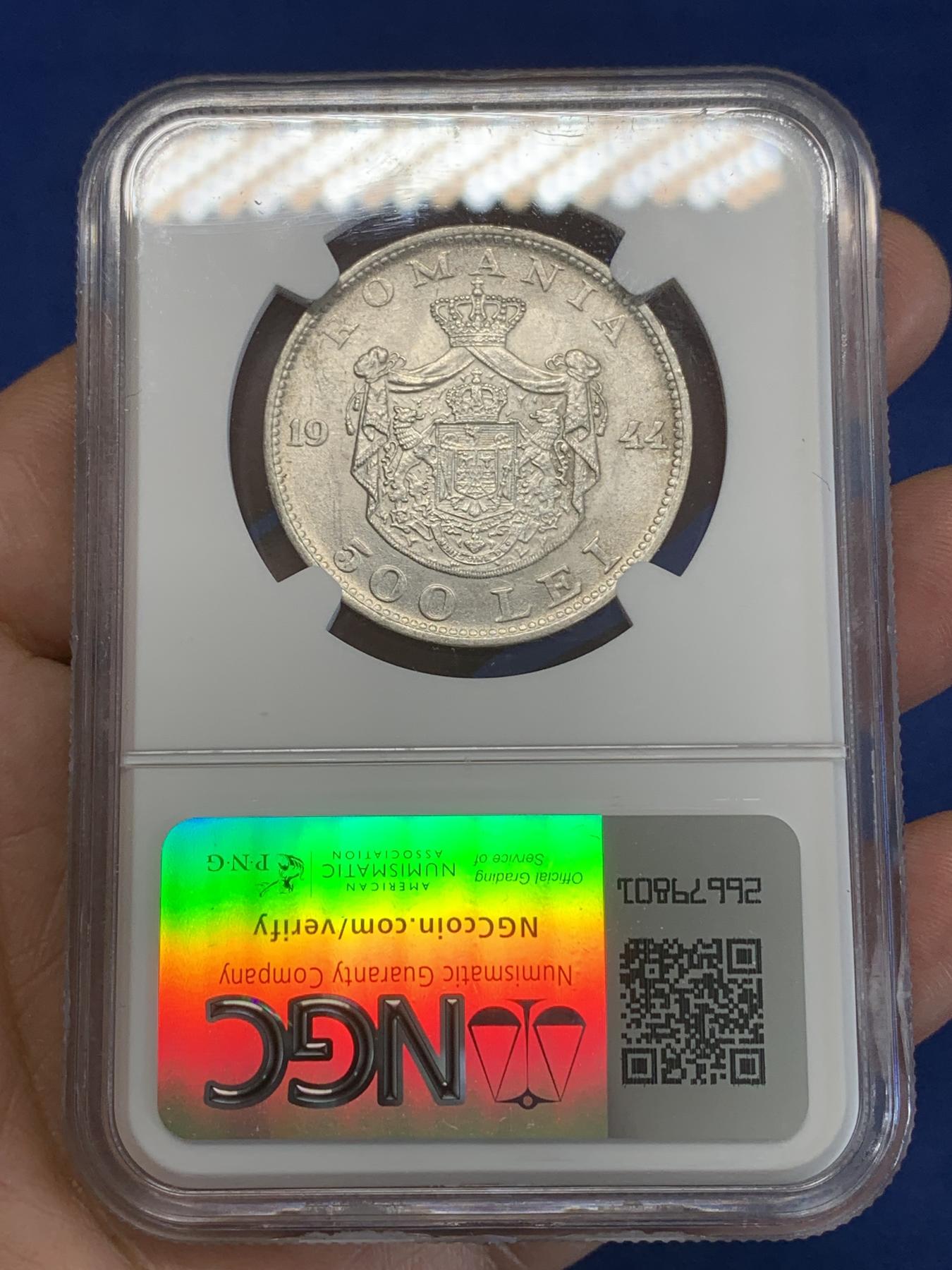 《竞宝斋》第272场- 周日，周一，周二  3场连拍 （全场包邮） NGC MS62 罗马尼亚1944年500列伊银币