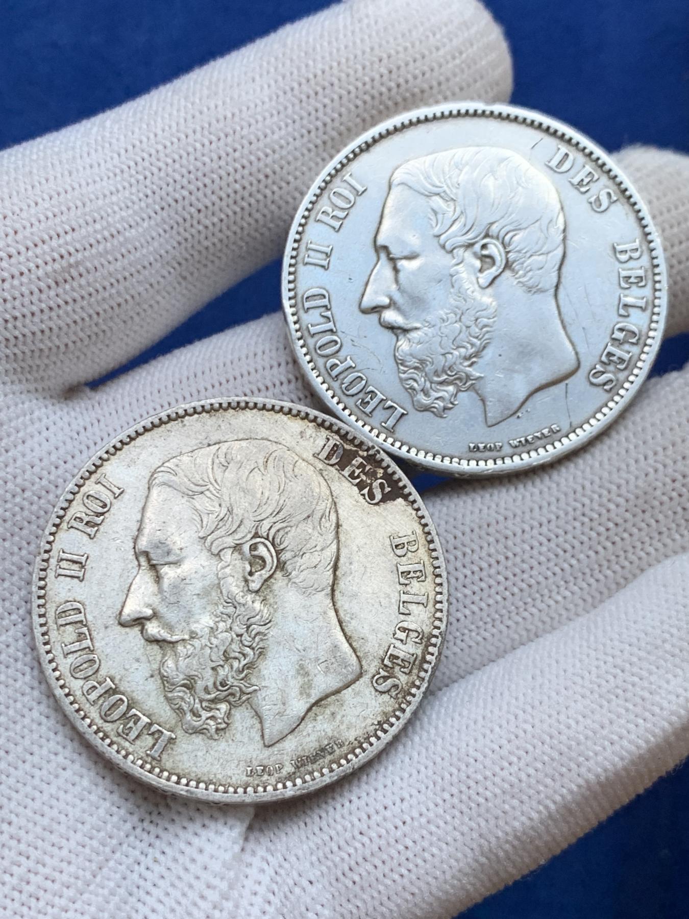 《竞宝斋》第272场- 周日，周一，周二  3场连拍 （全场包邮） 两枚一组 比利时 1867+1868年 利奥波德二世 5法郎银币 早期年份 流通状态 细节见图