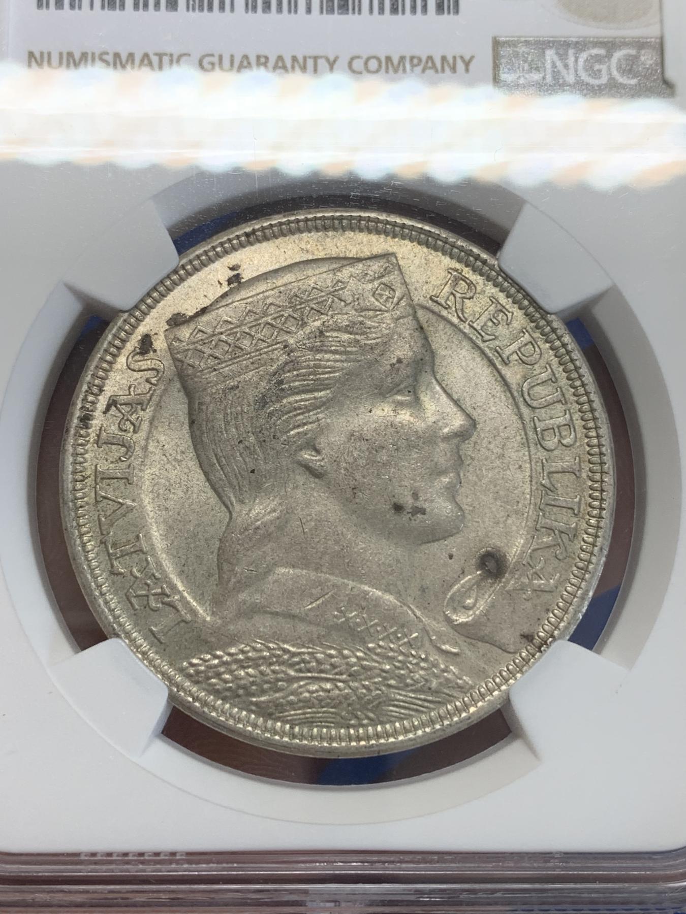 《竞宝斋》第272场- 周日，周一，周二  3场连拍 （全场包邮） NGC MS62 拉脱维亚1929年谷物女神5拉特银币