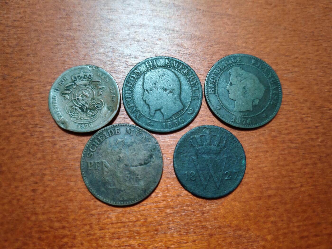 长老汇龙年散币拍卖第一场 1827-1876法国、德国、比利时、荷兰老铜币，5枚
