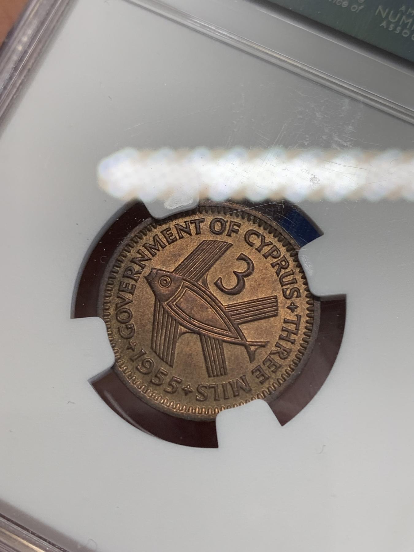 《竞宝斋》第272场- 周日，周一，周二  3场连拍 （全场包邮） NGC MS63RB 塞浦路斯1955年3米尔铜币