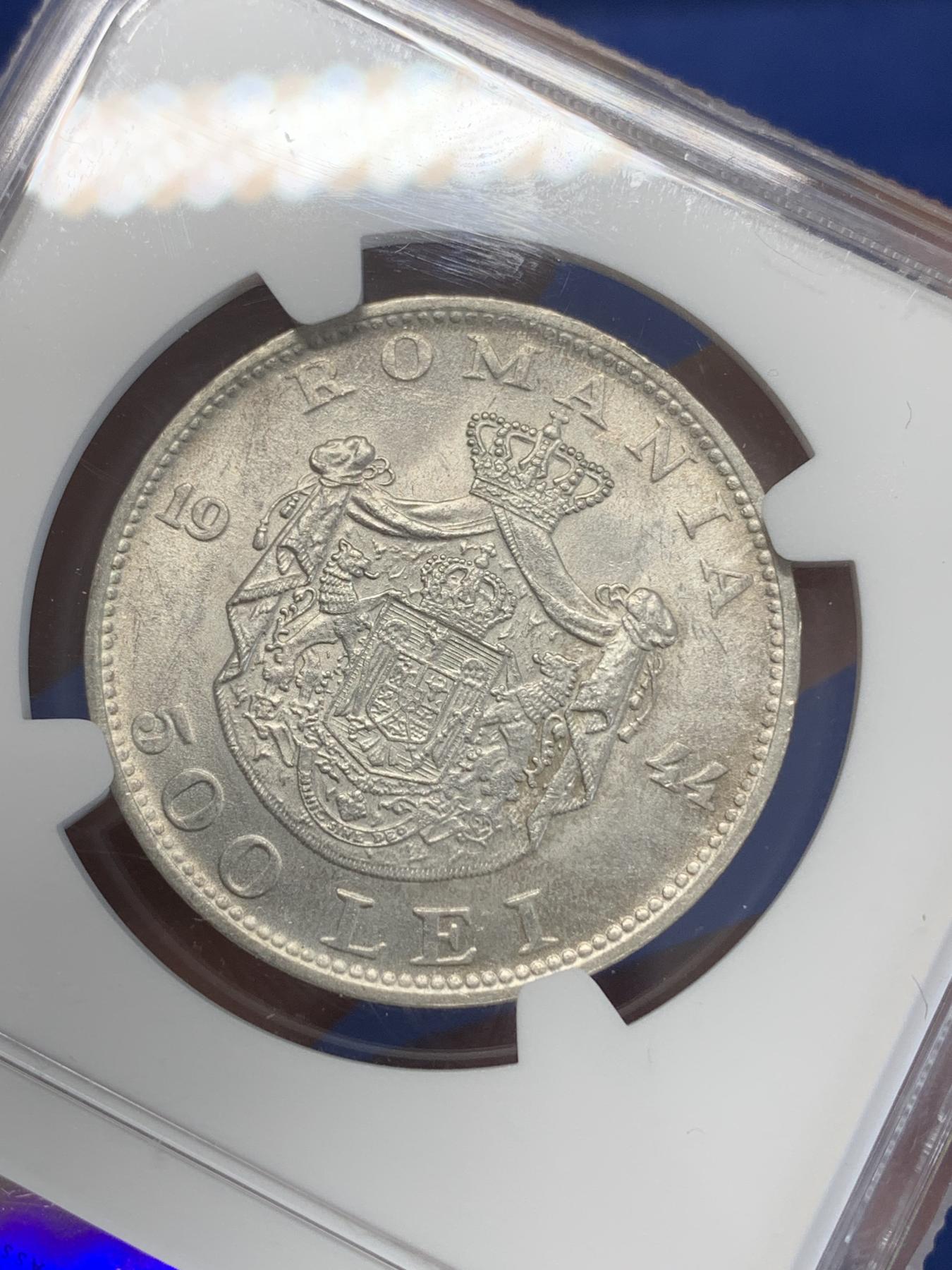 《竞宝斋》第272场- 周日，周一，周二  3场连拍 （全场包邮） NGC MS62 罗马尼亚1944年500列伊银币