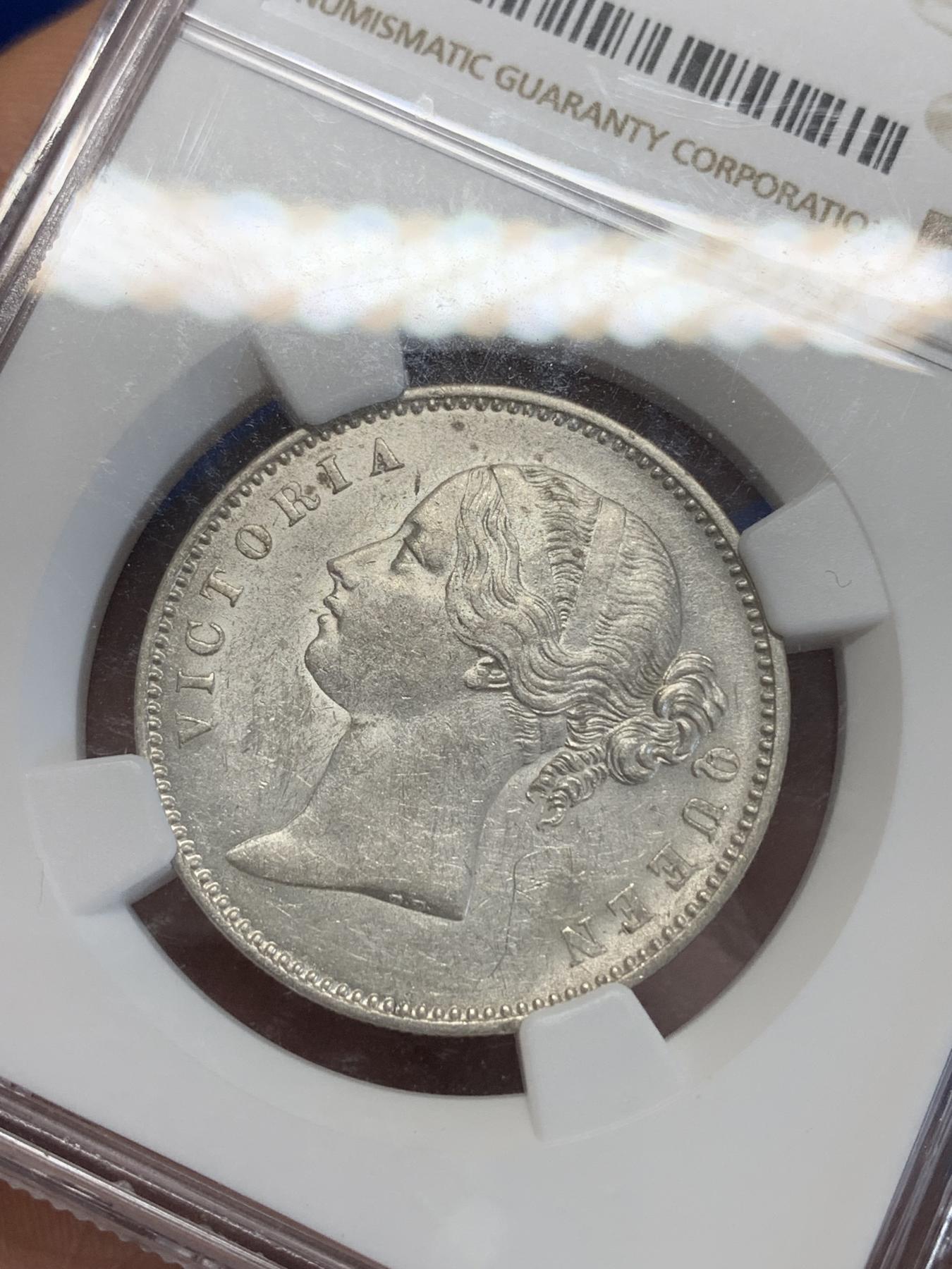 《竞宝斋》第272场- 周日，周一，周二  3场连拍 （全场包邮） NGC AU58 1840年 印度维多利亚女皇头像卢比银币