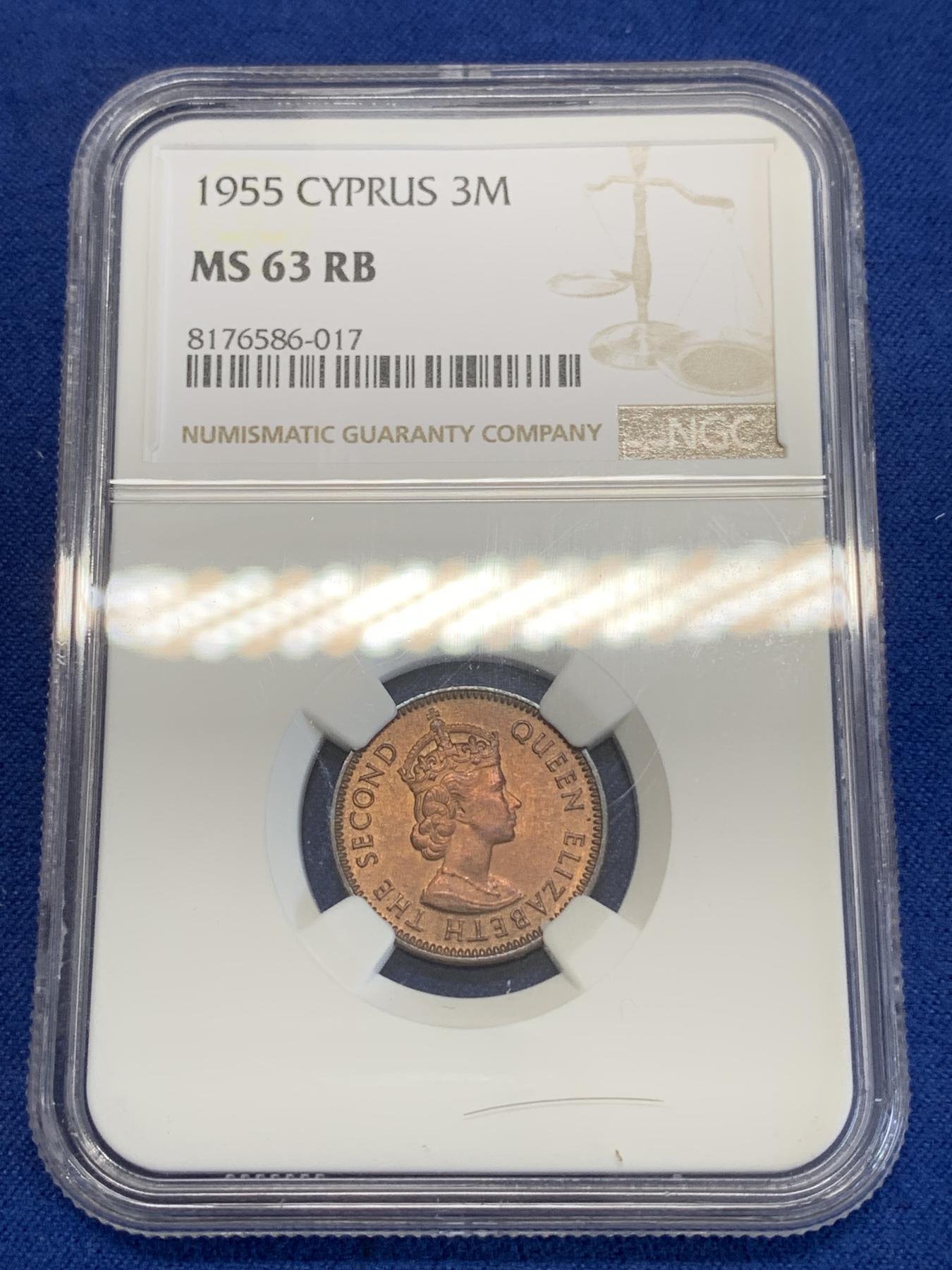 《竞宝斋》第272场- 周日，周一，周二  3场连拍 （全场包邮） NGC MS63RB 塞浦路斯1955年3米尔铜币