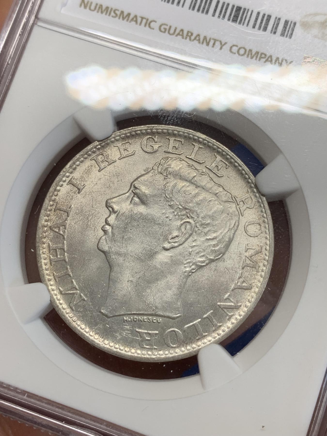 《竞宝斋》第272场- 周日，周一，周二  3场连拍 （全场包邮） NGC MS62 罗马尼亚1944年500列伊银币