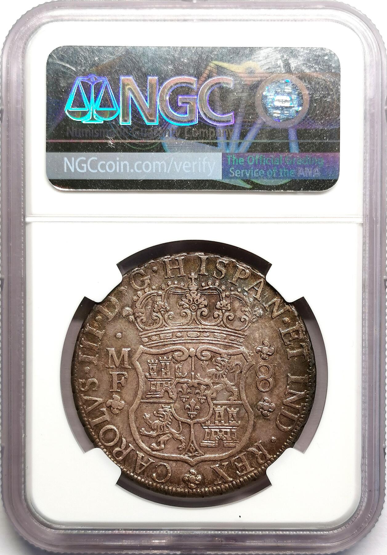 凡希社世界钱币微拍第二百七十期 1764MO墨西哥地球双柱NGC-AU50，原味酱彩，细节相当锐利挺拔的一枚！