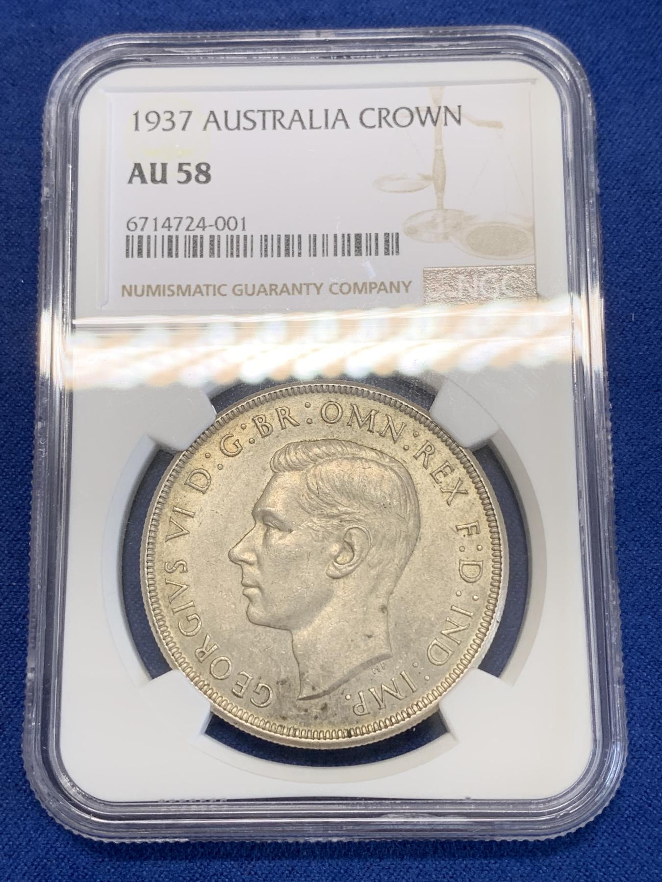 《竞宝斋》第272场- 周日，周一，周二  3场连拍 （全场包邮） NGC AU58 澳大利亚1937年乔治六世大皇冠1克朗银币 925银 原味包浆
