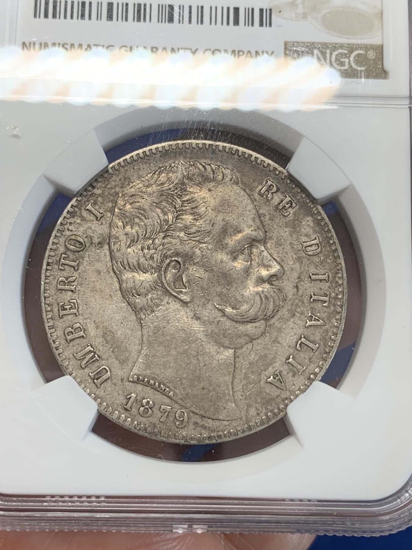 《竞宝斋》第272场- 周日，周一，周二  3场连拍 （全场包邮） NGC AUD 1879年意大利国王翁贝托一世5里拉银币