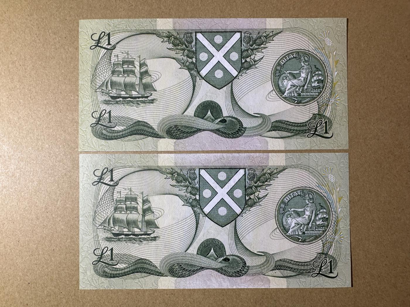 《张总收藏》151期-外币周日精品场 苏格兰1镑2张 UNC 苏格兰银行 1988年 豹子号