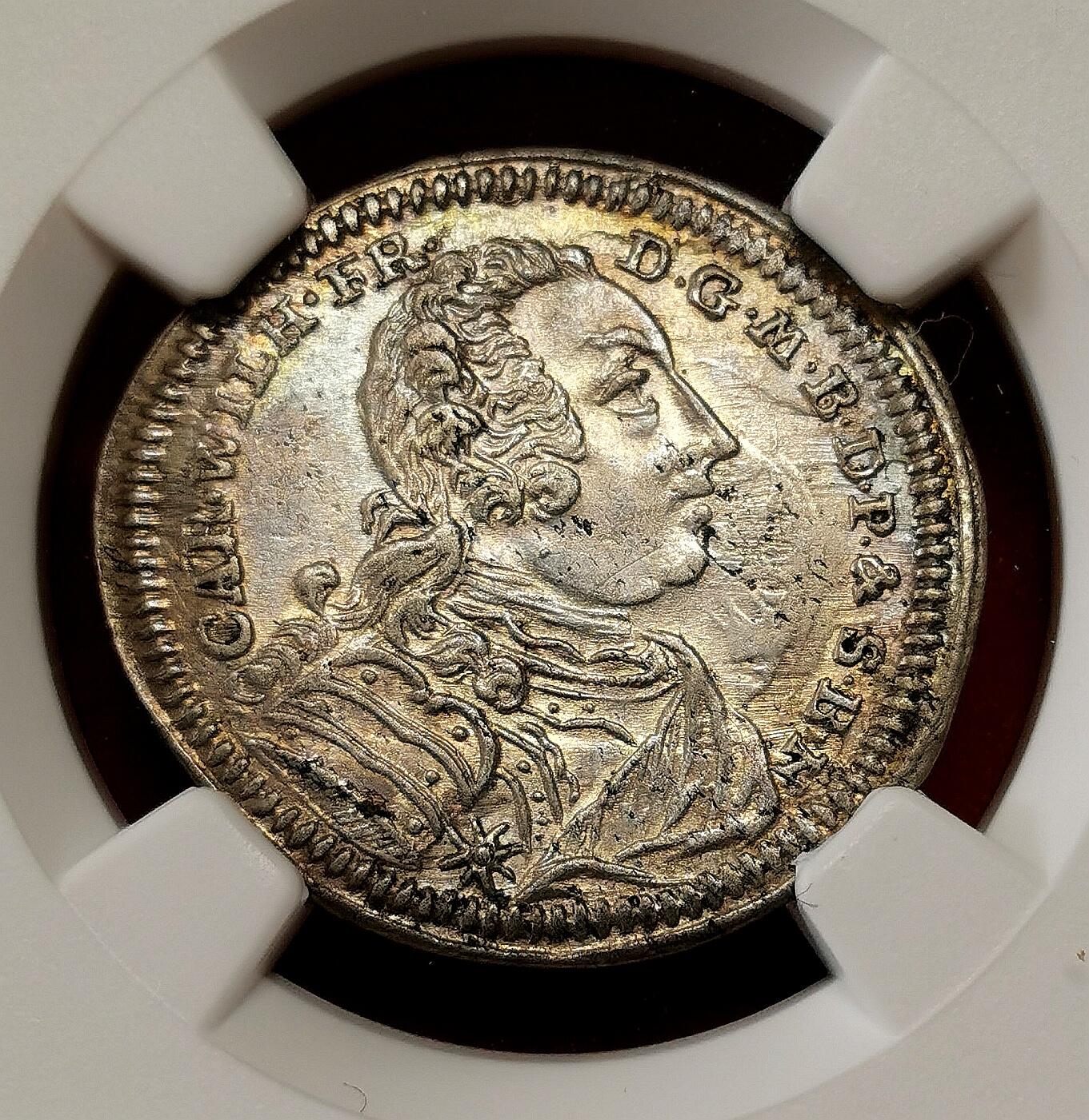 凡希社世界钱币微拍第二百七十期 1750德国勃兰登堡-安斯巴赫6K银辅币NGC-MS61，罕见高品！