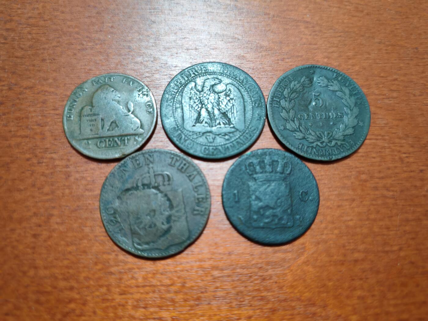 长老汇龙年散币拍卖第一场 1827-1876法国、德国、比利时、荷兰老铜币，5枚