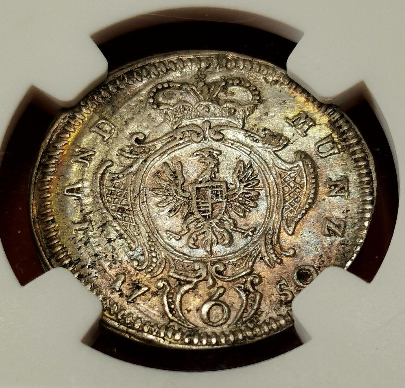 凡希社世界钱币微拍第二百七十期 1750德国勃兰登堡-安斯巴赫6K银辅币NGC-MS61，罕见高品！