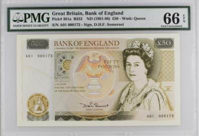 《张总收藏》152期-海外套币超精品场 - 英格兰D序列1981年首发A01冠50镑最高值PMG66E少见百位173号 D.H.F. Somerset签名 Pick#381a