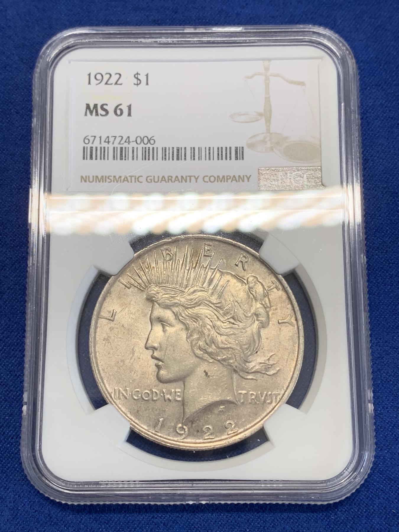 《竞宝斋》第272场- 周日，周一，周二  3场连拍 （全场包邮） NGC MS61 美国 1922年 和平银币 原味状态