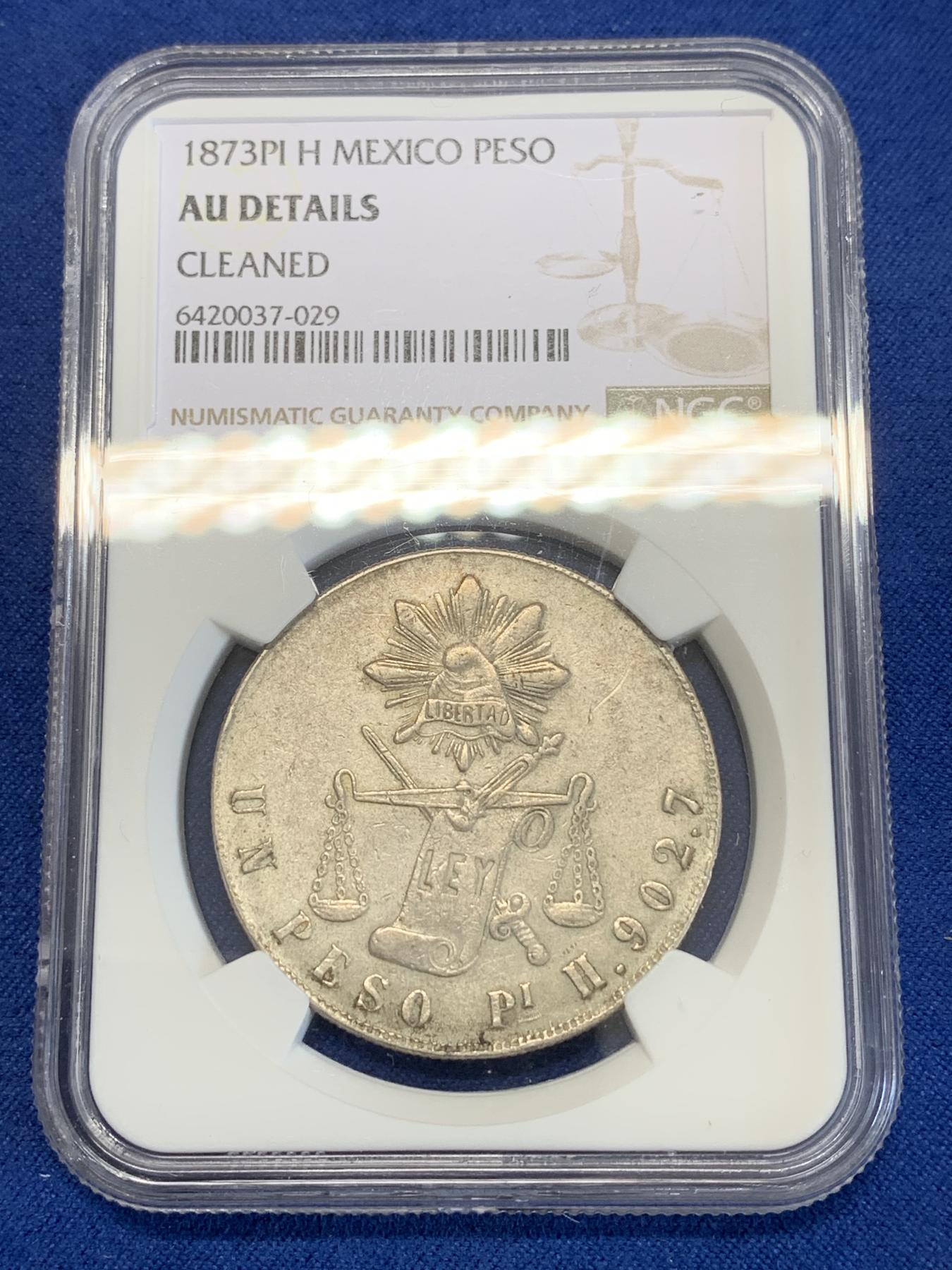 《竞宝斋》第272场- 周日，周一，周二  3场连拍 （全场包邮） NGC AUD 墨西哥1873年 PI H 天平鹰洋银币