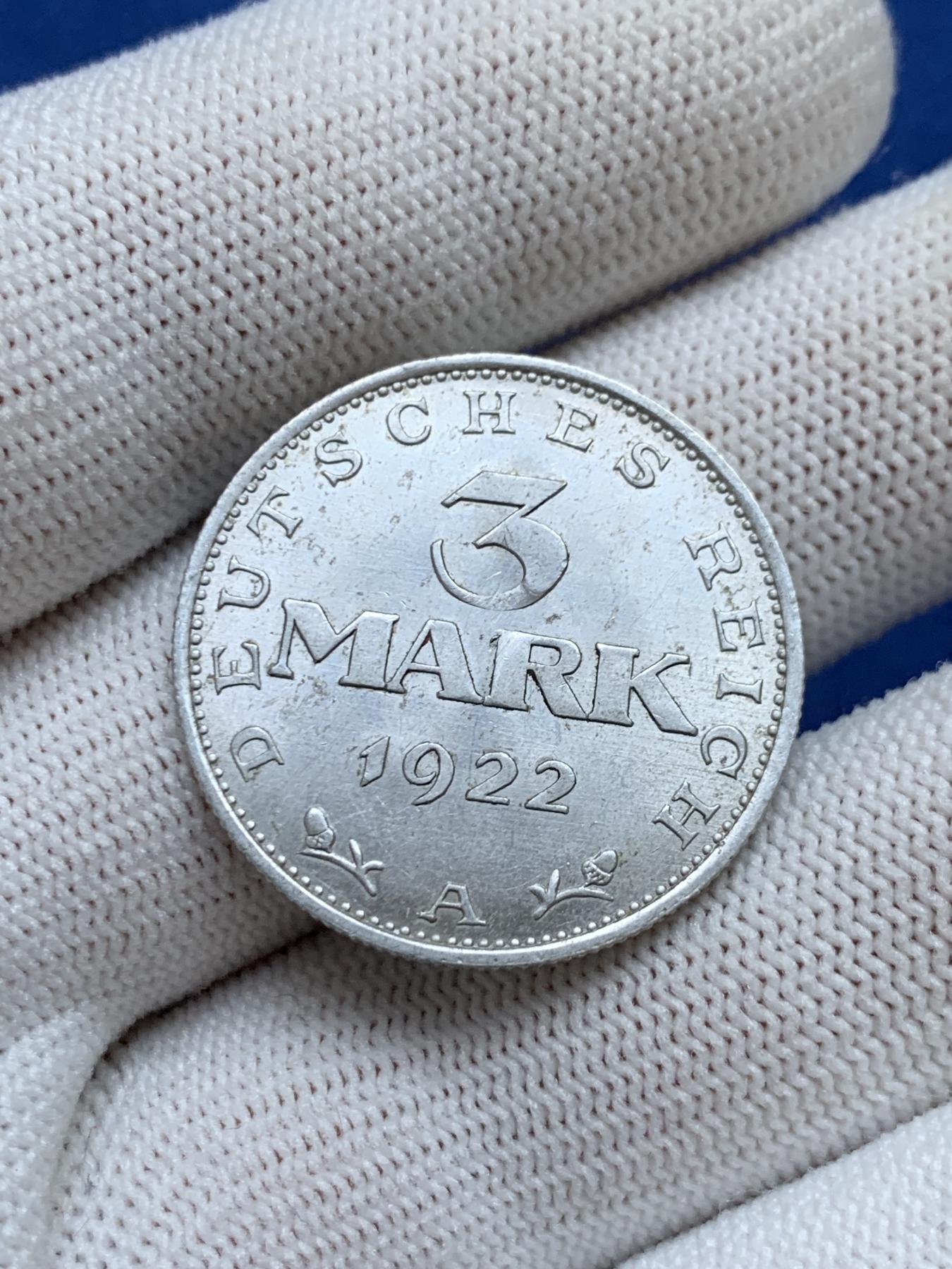 《竞宝斋》第272场- 周日，周一，周二  3场连拍 （全场包邮） 原光品相 1922年魏玛时期3马克铝币