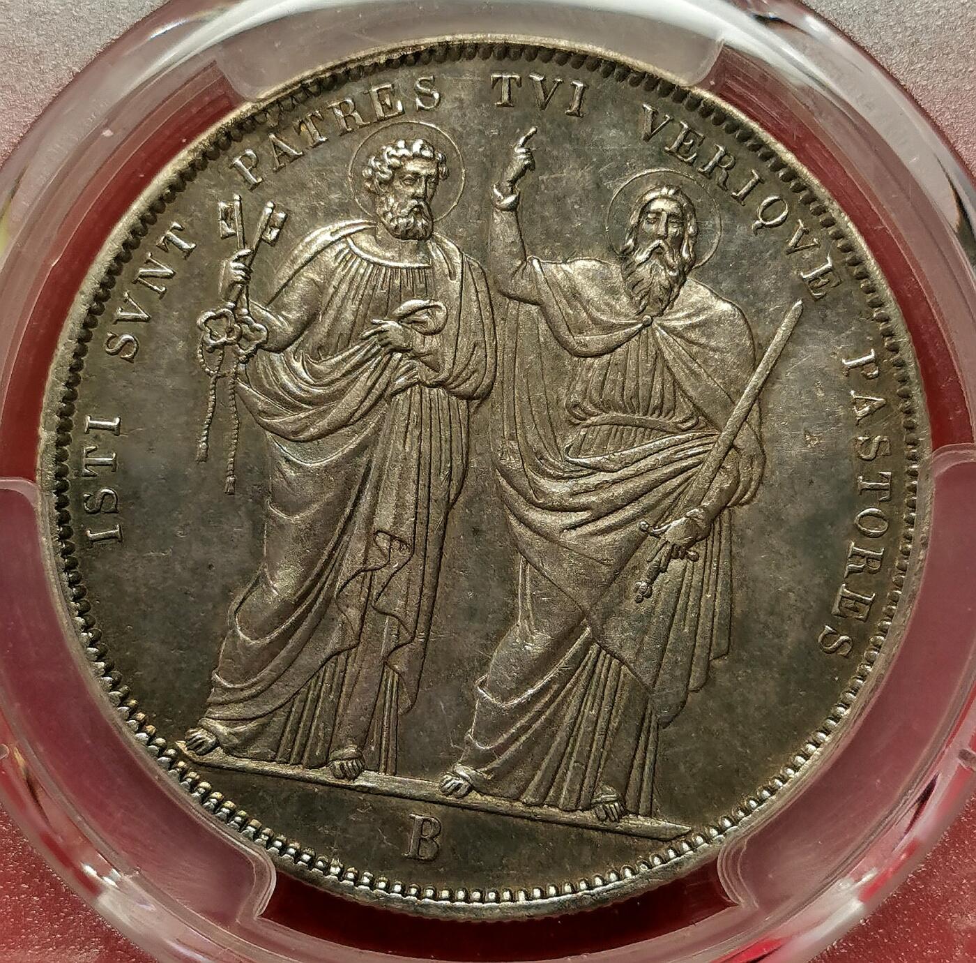 凡希社世界钱币微拍第二百七十期 荐！1830教皇国庇护八世背双圣SCUDO大银PCGS-AU58，边缘黑彩，人物神态传神，整体状态极佳的一枚！