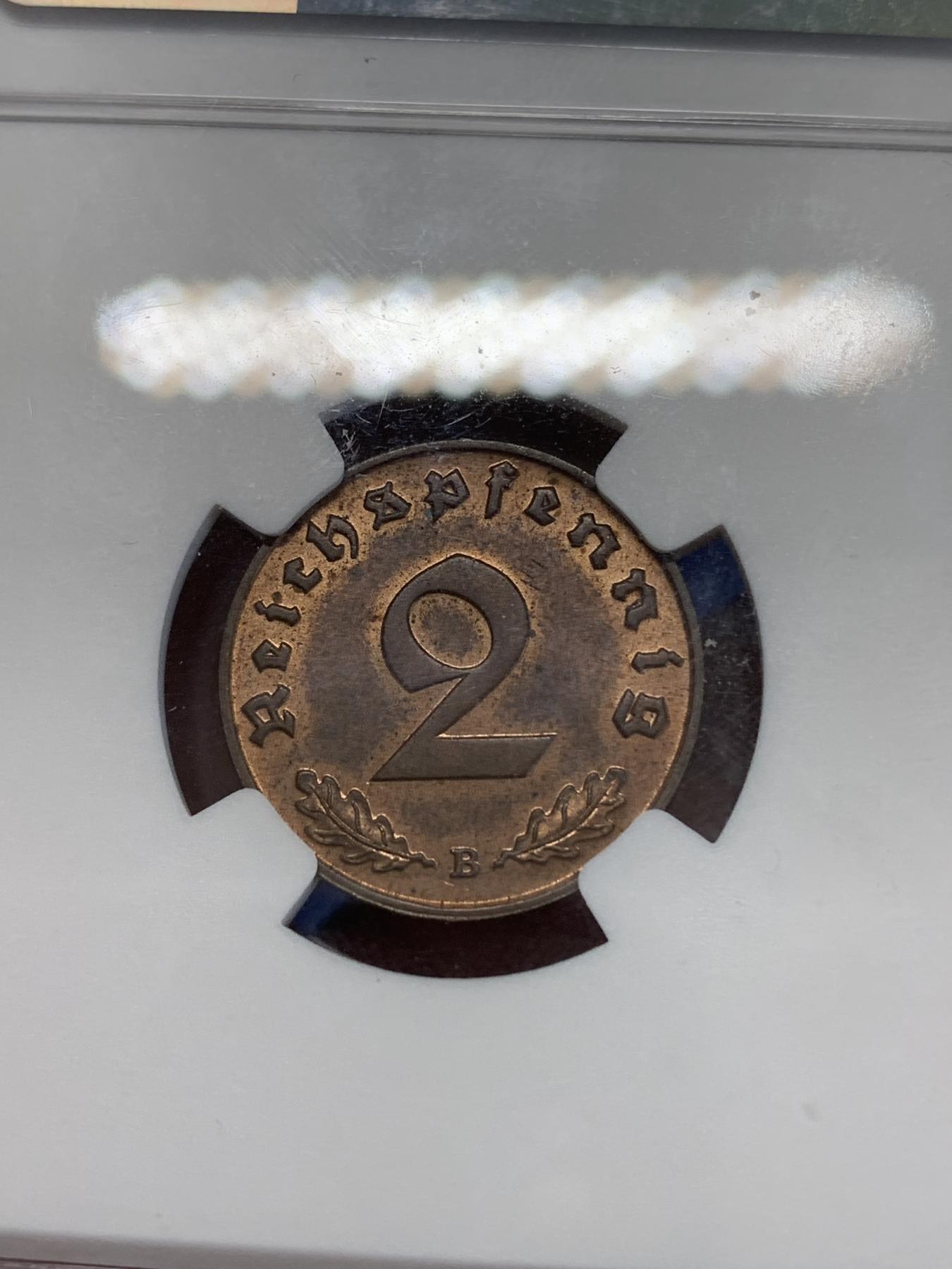 《竞宝斋》第272场- 周日，周一，周二  3场连拍 （全场包邮） NGC MS63RB 1939B德意志第三帝国2芬尼铜币