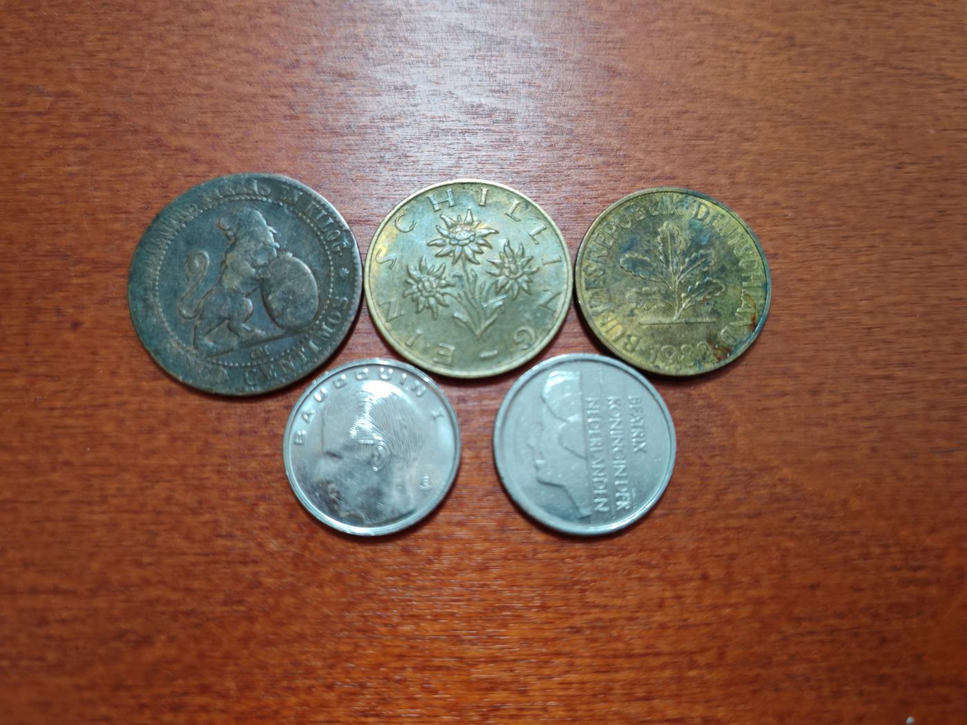 长老汇龙年散币拍卖第一场 1870-1992西班牙、德国、奥地利、比利时、荷兰铜镍币，5枚，流通品相如图