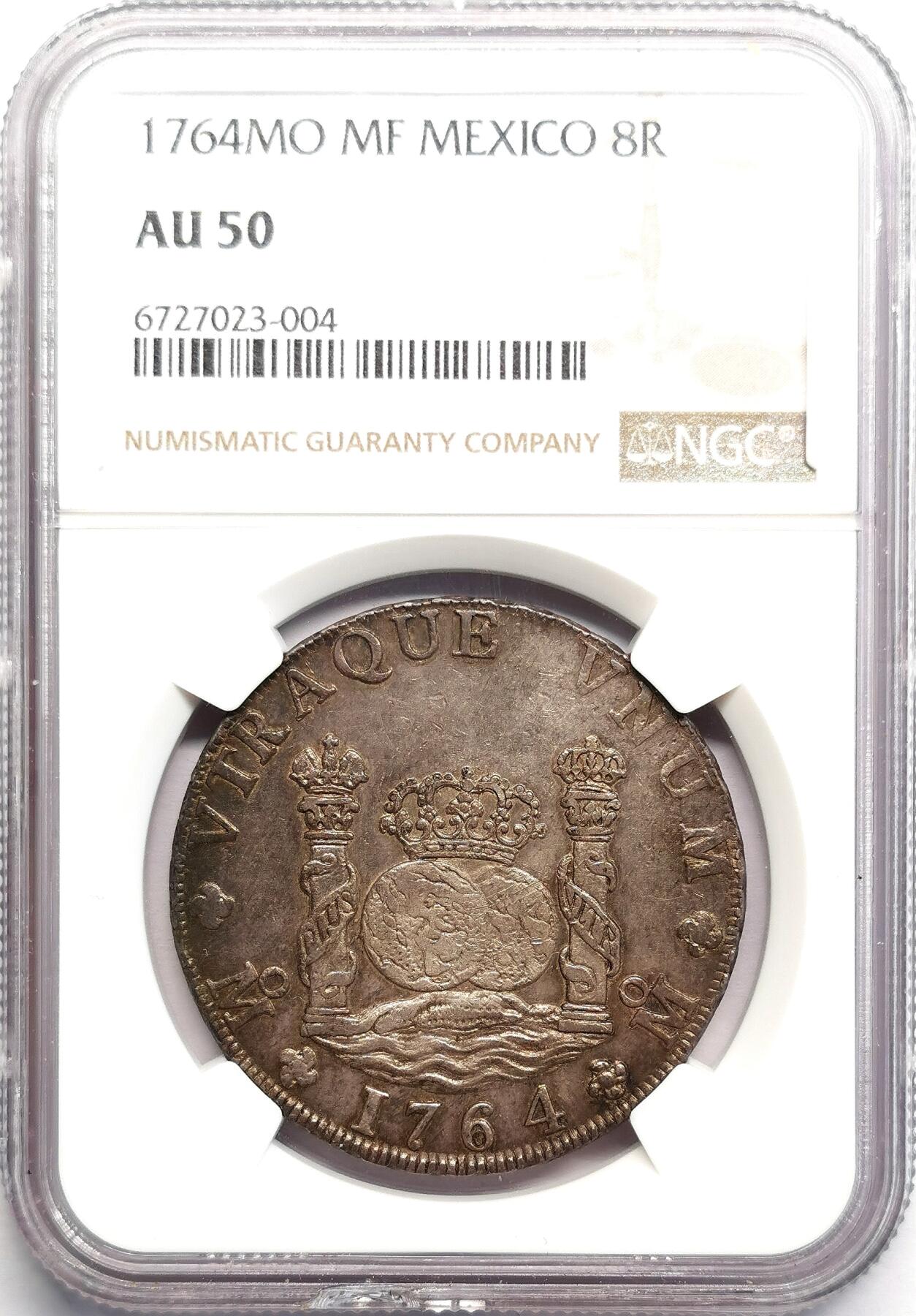 凡希社世界钱币微拍第二百七十期 1764MO墨西哥地球双柱NGC-AU50，原味酱彩，细节相当锐利挺拔的一枚！