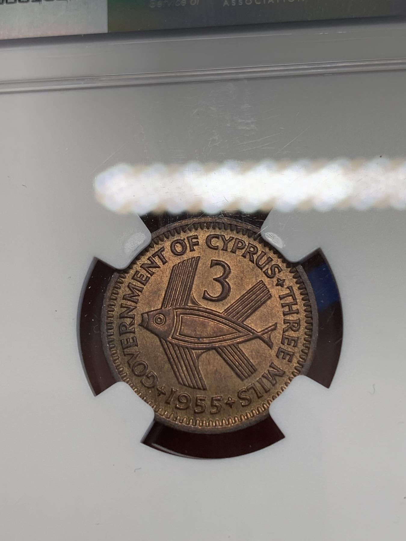 《竞宝斋》第272场- 周日，周一，周二  3场连拍 （全场包邮） NGC MS63RB 塞浦路斯1955年3米尔铜币