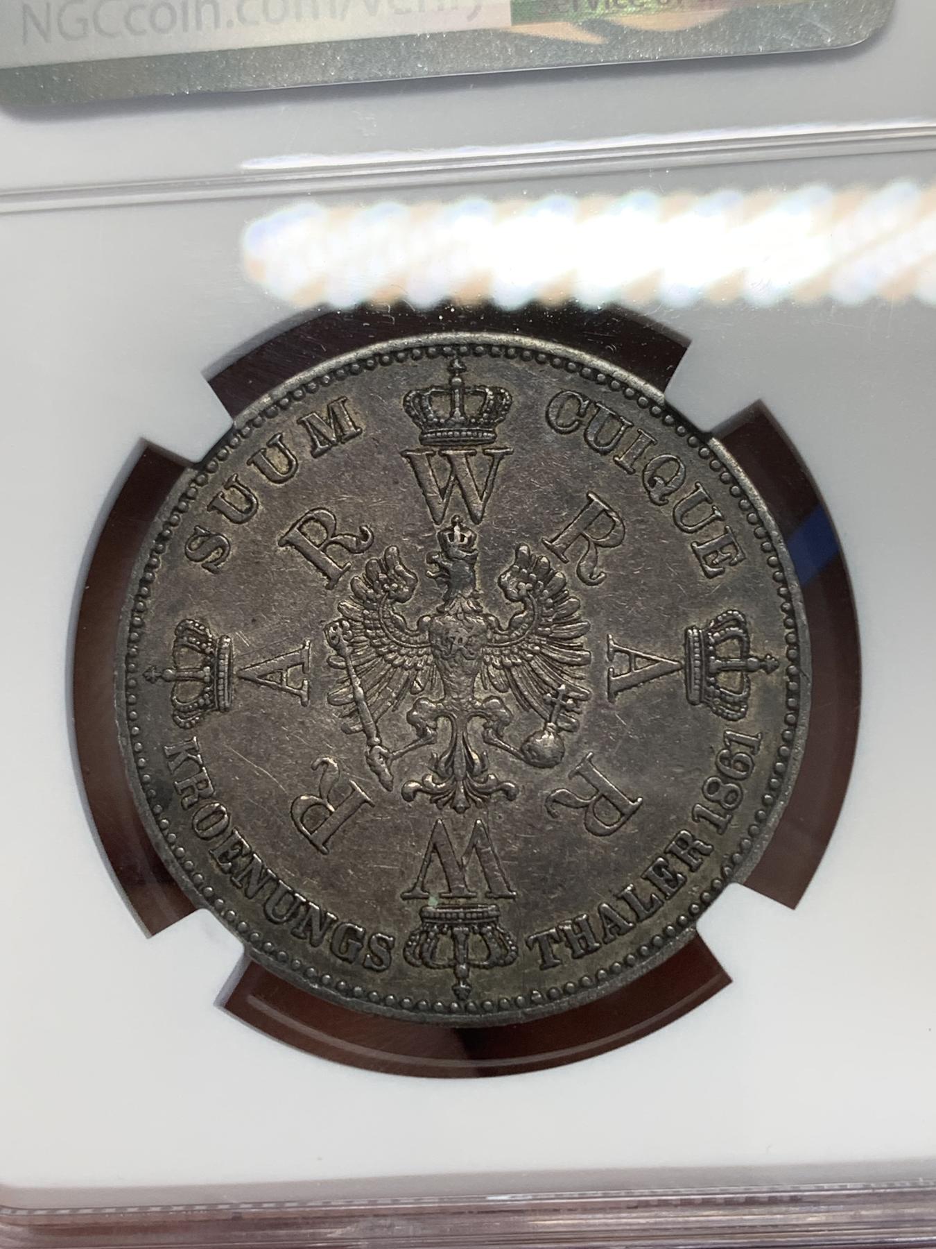 《竞宝斋》第272场- 周日，周一，周二  3场连拍 （全场包邮） NGC XF45 德国普鲁士1861年毛衣泰勒银币 通体黑包浆 状态佳低评了