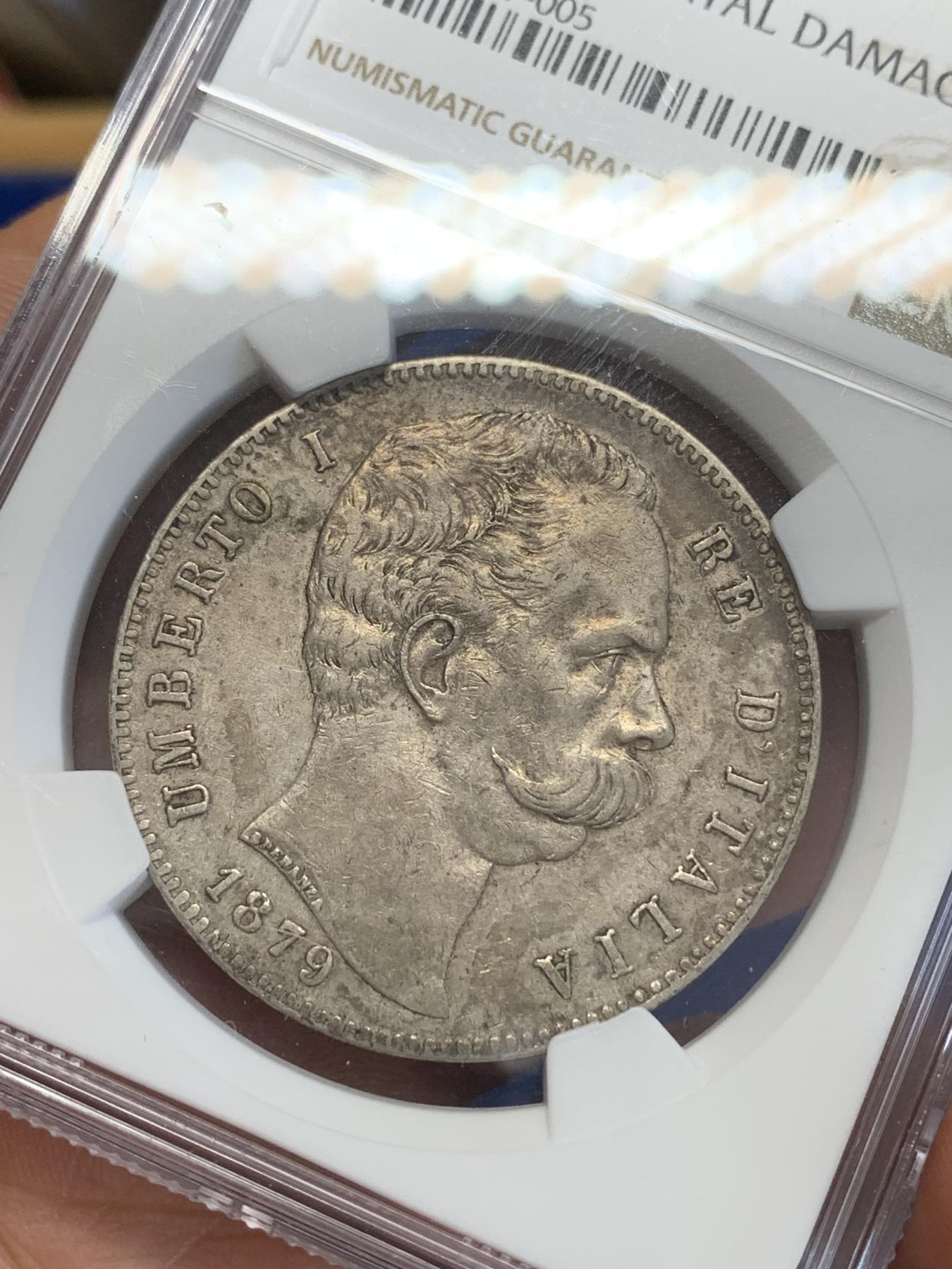 《竞宝斋》第272场- 周日，周一，周二  3场连拍 （全场包邮） NGC AUD 1879年意大利国王翁贝托一世5里拉银币