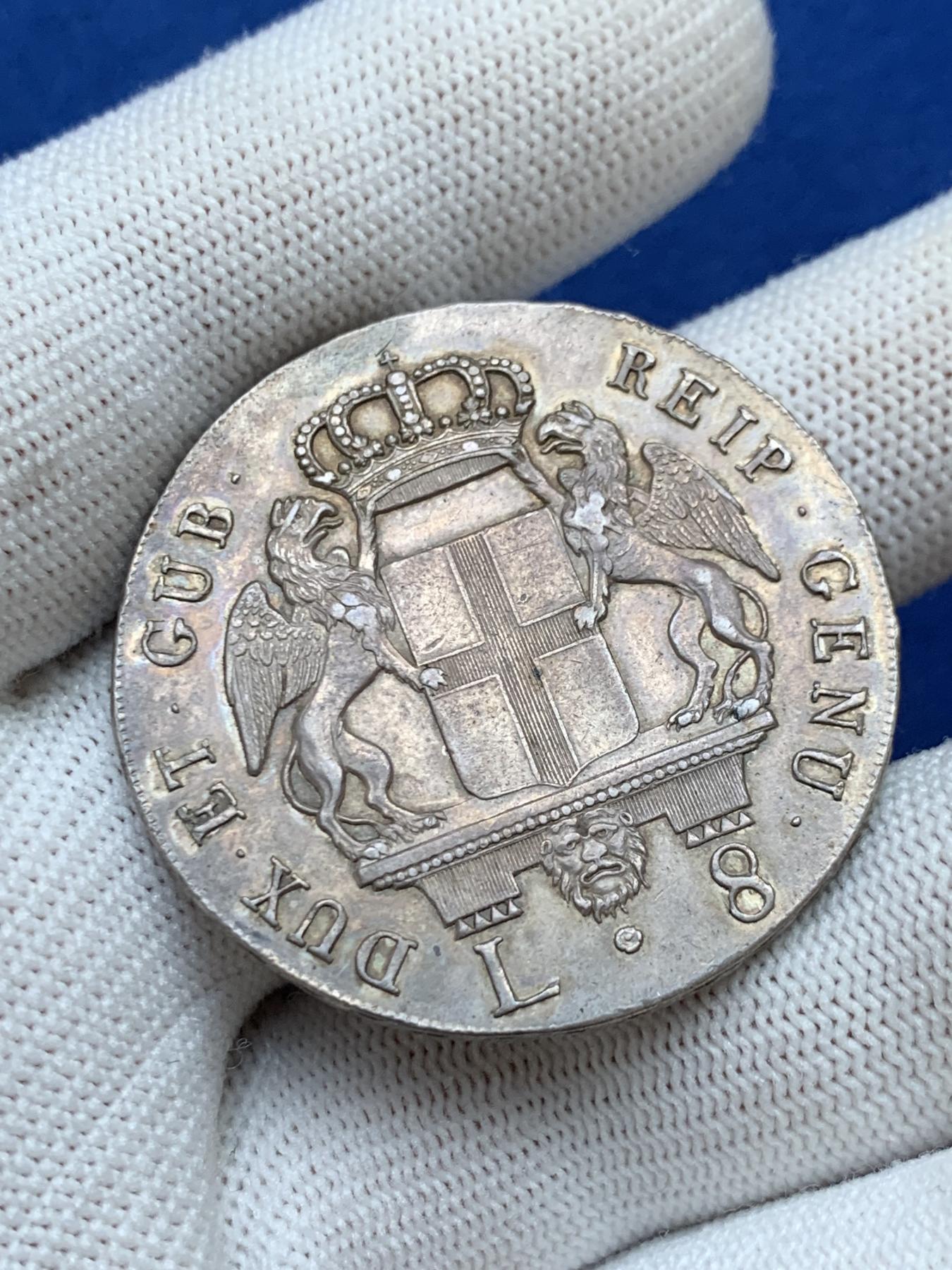 《竞宝斋》第272场- 周日，周一，周二  3场连拍 （全场包邮） 意大利热那亚1795年8里拉银币 稀少品种 整体细节很不错