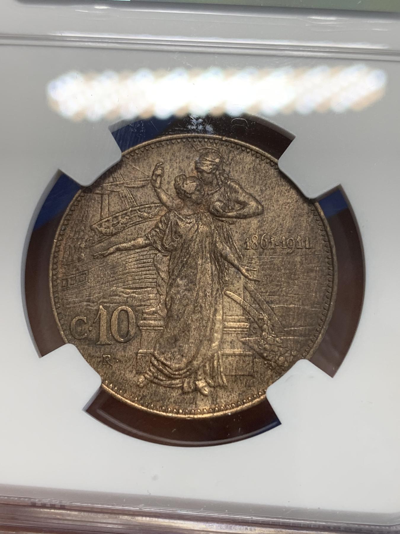 《竞宝斋》第272场- 周日，周一，周二  3场连拍 （全场包邮） NGC AUD 意大利1911年建国150周年10分铜币 俗称“托奶”铜币