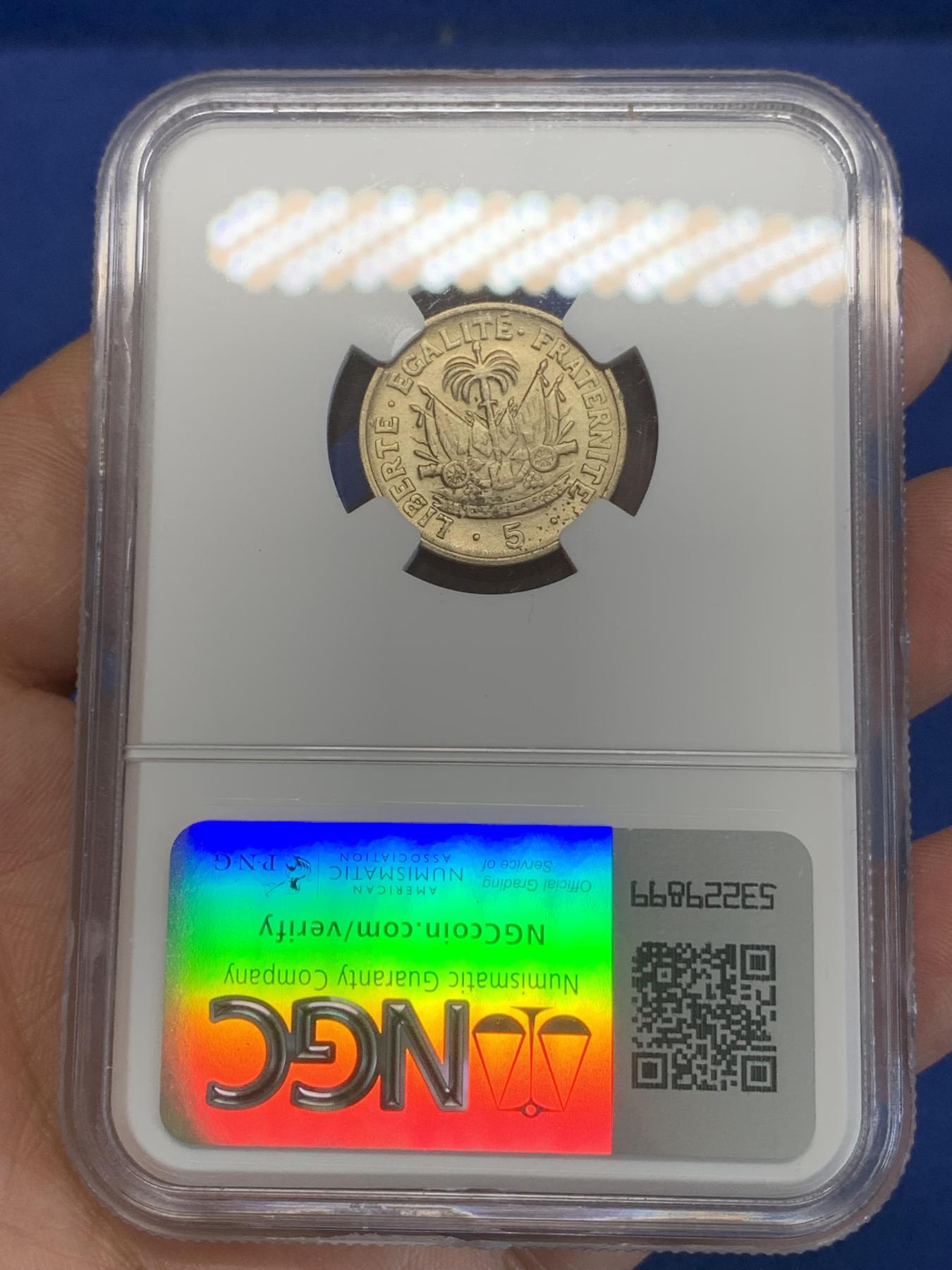 《竞宝斋》第272场- 周日，周一，周二  3场连拍 （全场包邮） NGC MS62 海地1953年5分镍币