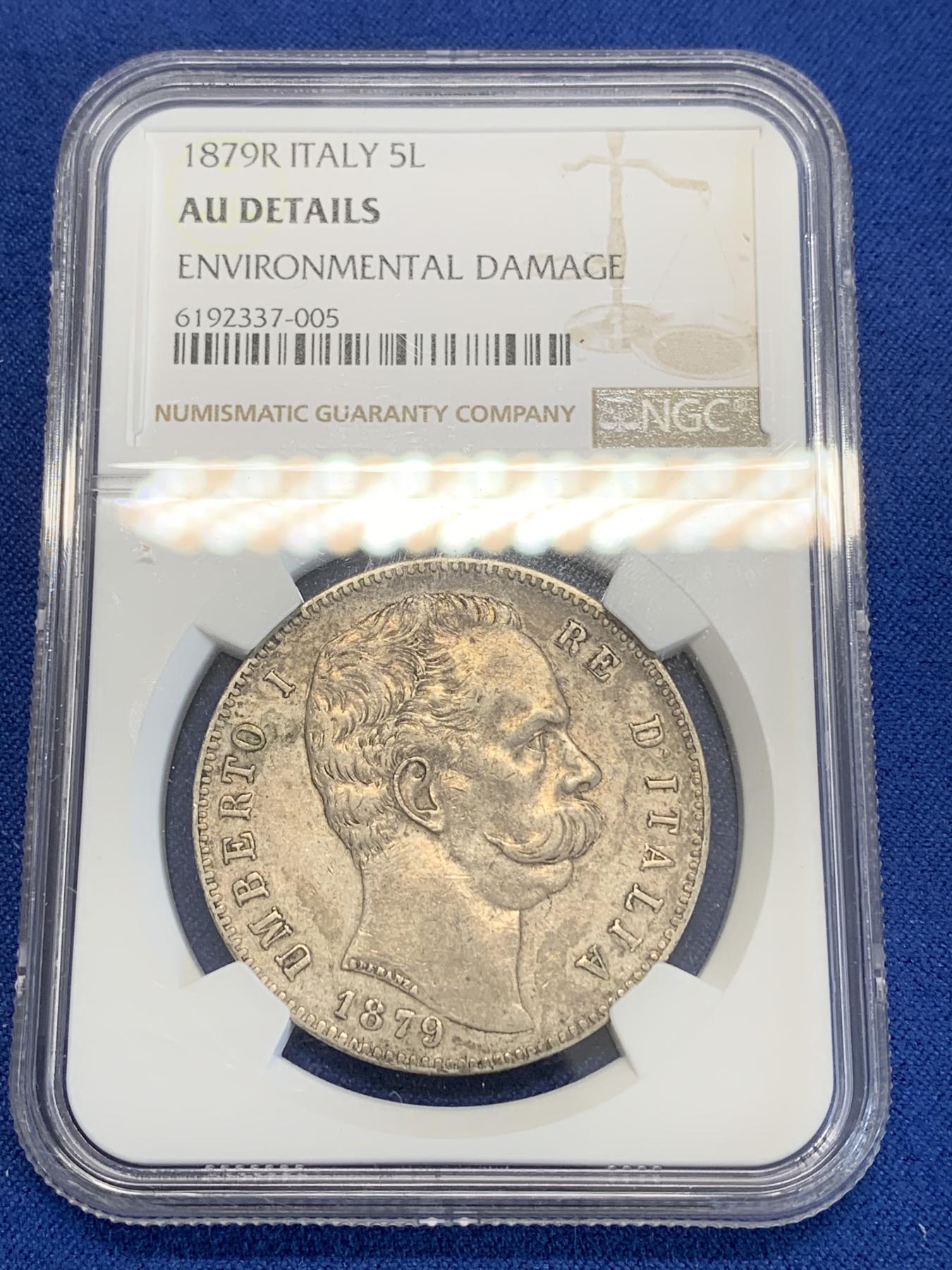 《竞宝斋》第272场- 周日，周一，周二  3场连拍 （全场包邮） NGC AUD 1879年意大利国王翁贝托一世5里拉银币