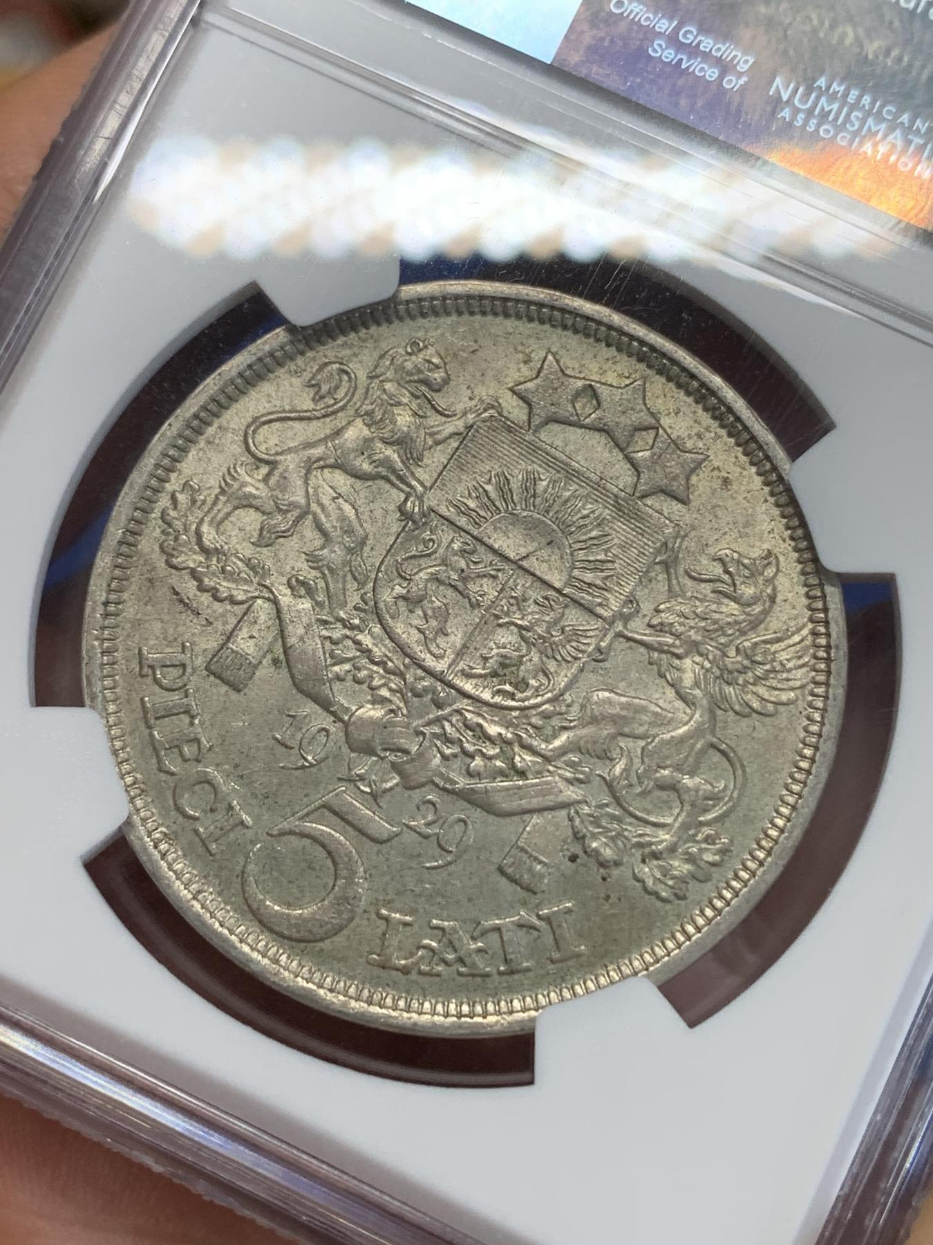 《竞宝斋》第272场- 周日，周一，周二  3场连拍 （全场包邮） NGC MS62 拉脱维亚1929年谷物女神5拉特银币