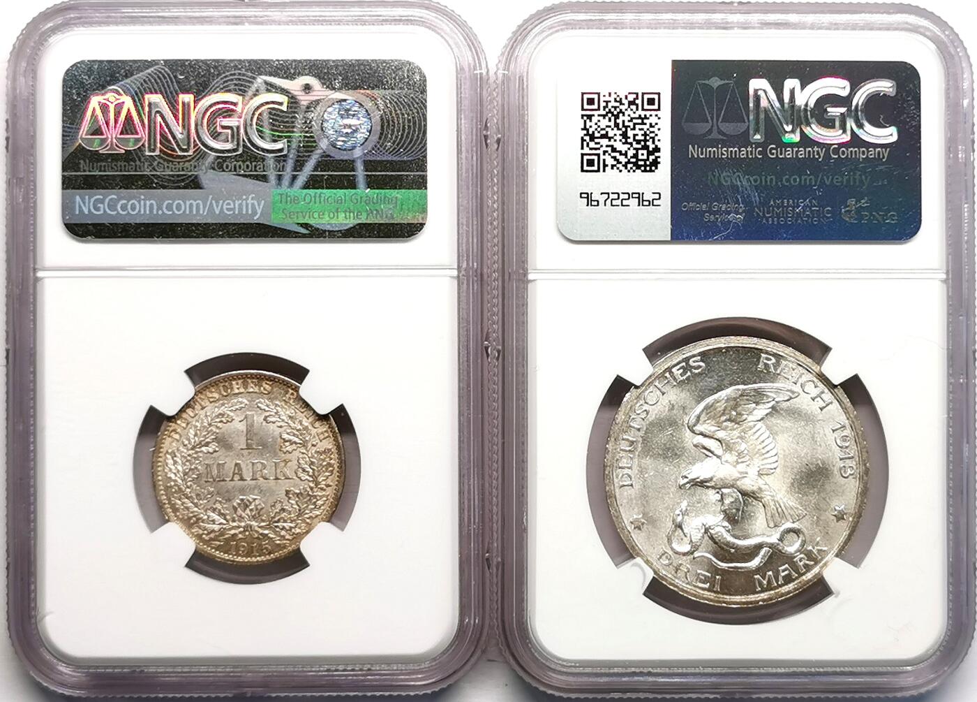 凡希社世界钱币微拍第二百七十期 德国银马克纪念3马克一对NGC-MS64/63